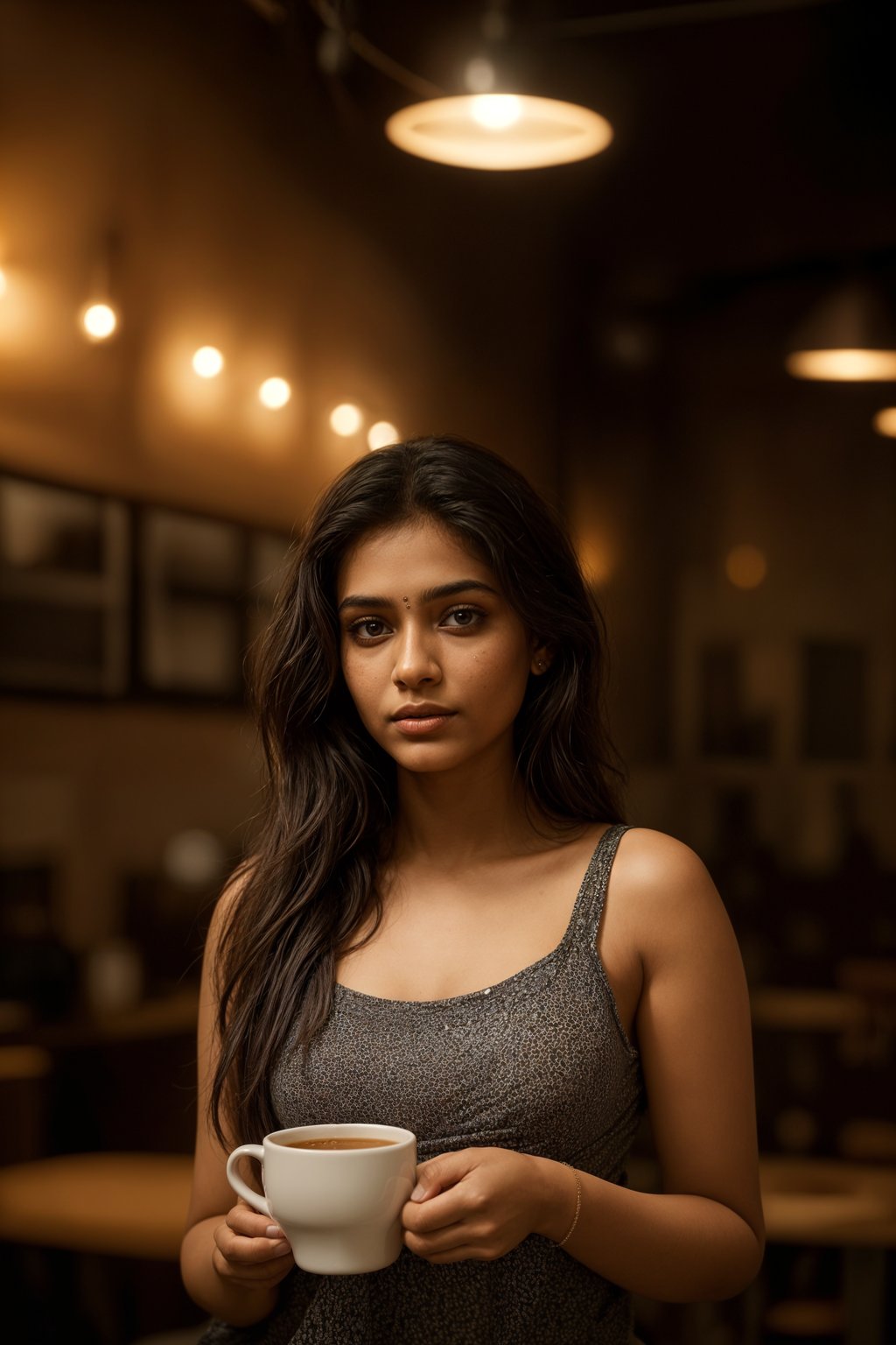 woman in a trendy café, holding a freshly brewed cup of coffee