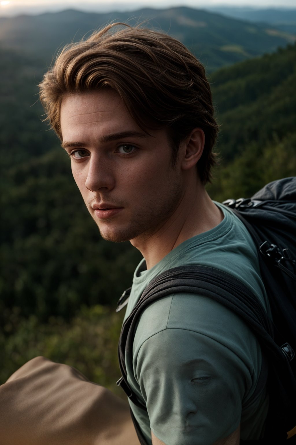 man on a hiking trail, overlooking a breathtaking mountain landscape