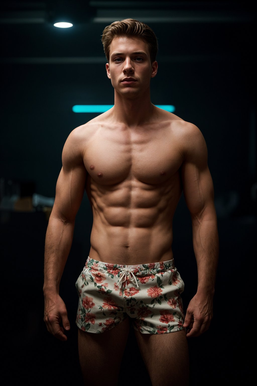 a man wearing  silk floral swim shorts in night club, instagram photo, instagram,  fit body