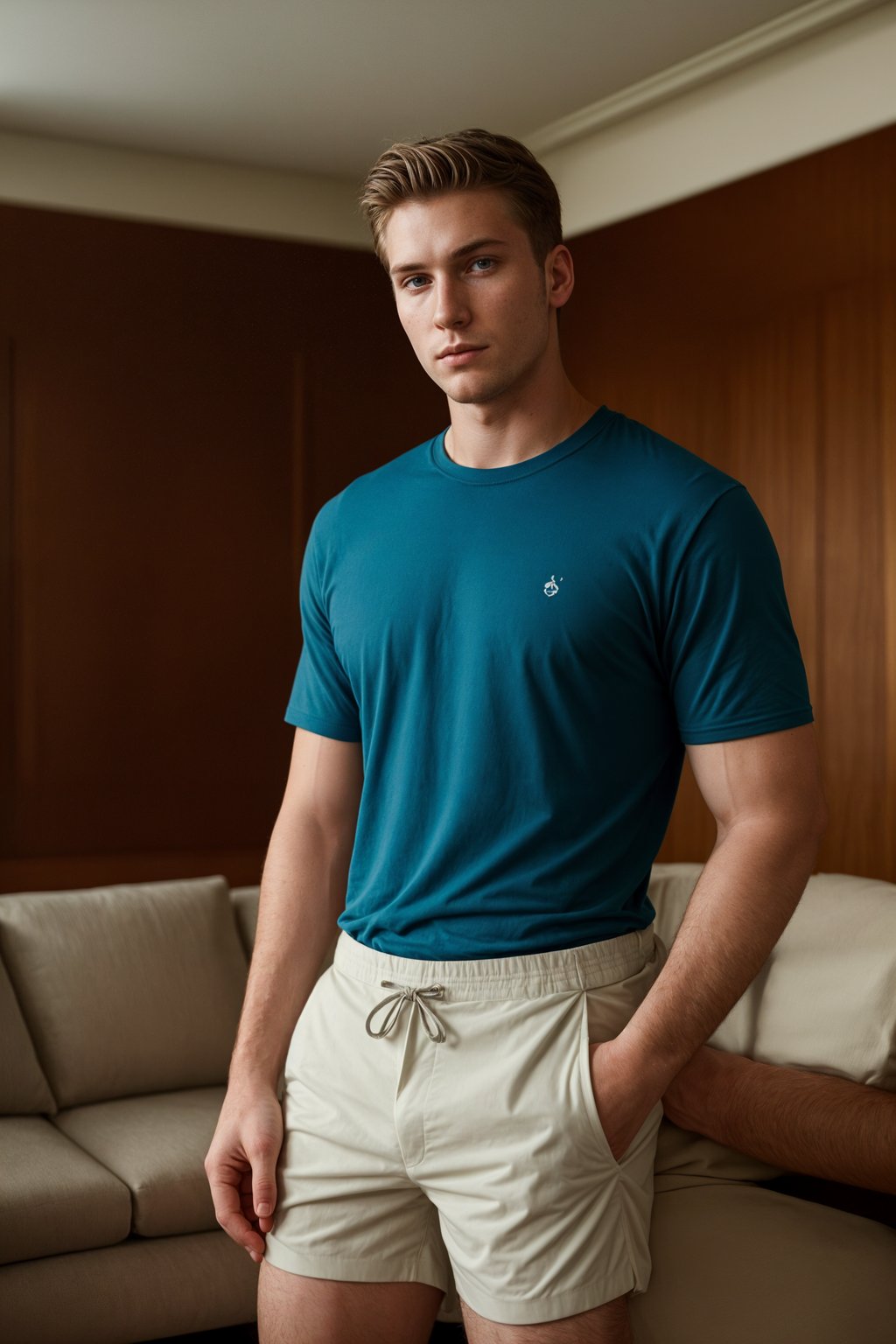 a man wearing  shirt and shorts in luxury villa living room, instagram photo, instagram,  fit body