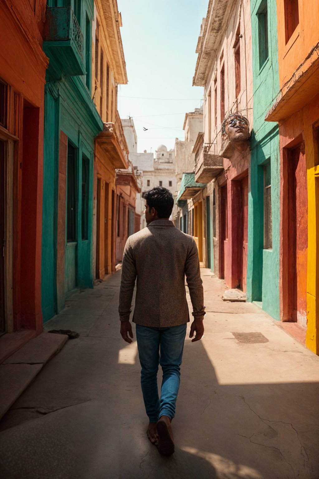 man wearing a trendy outfit, walking down a street lined with colorful murals