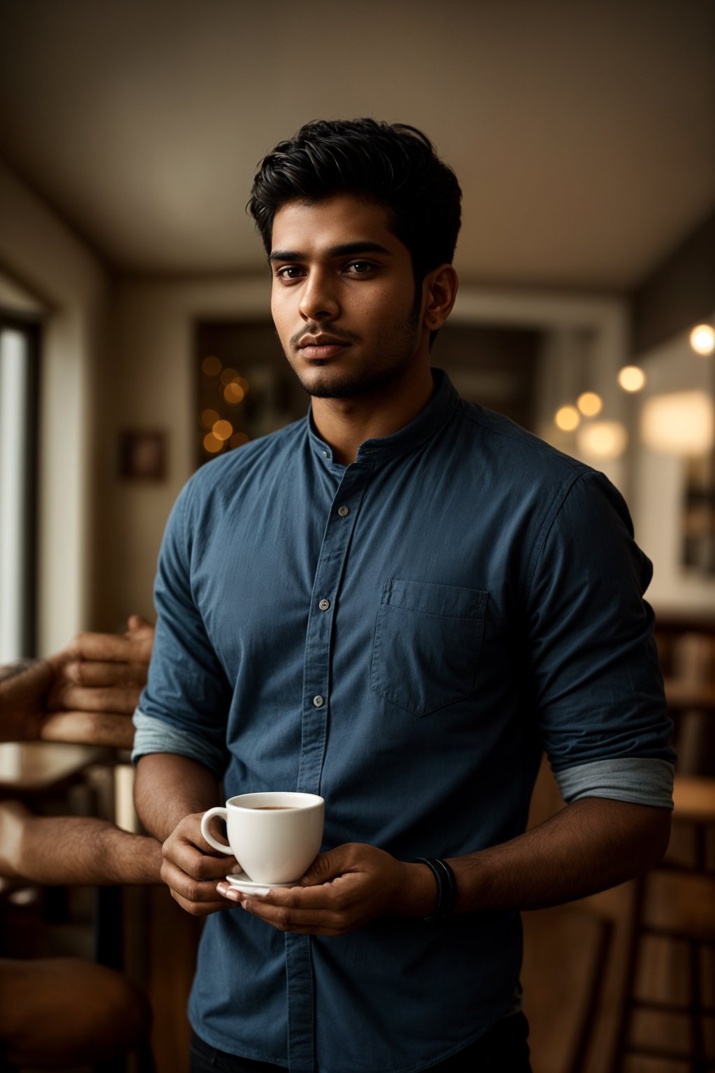 man in a trendy café, holding a freshly brewed cup of coffee