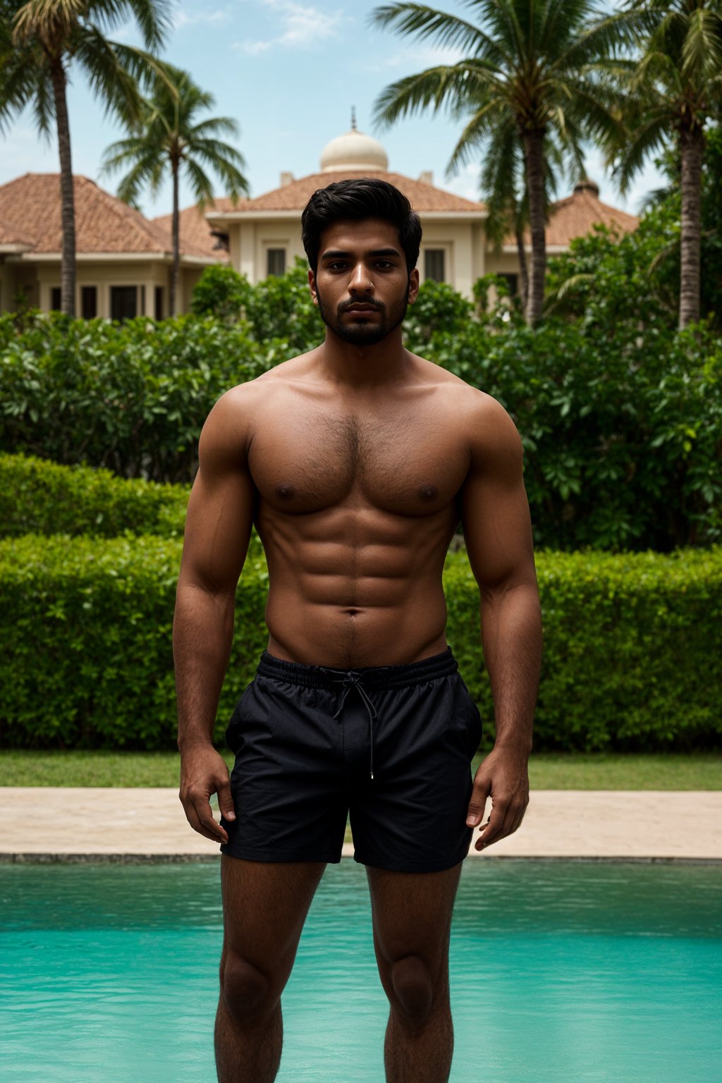 man wearing black   swim shorts in front of luxury villa