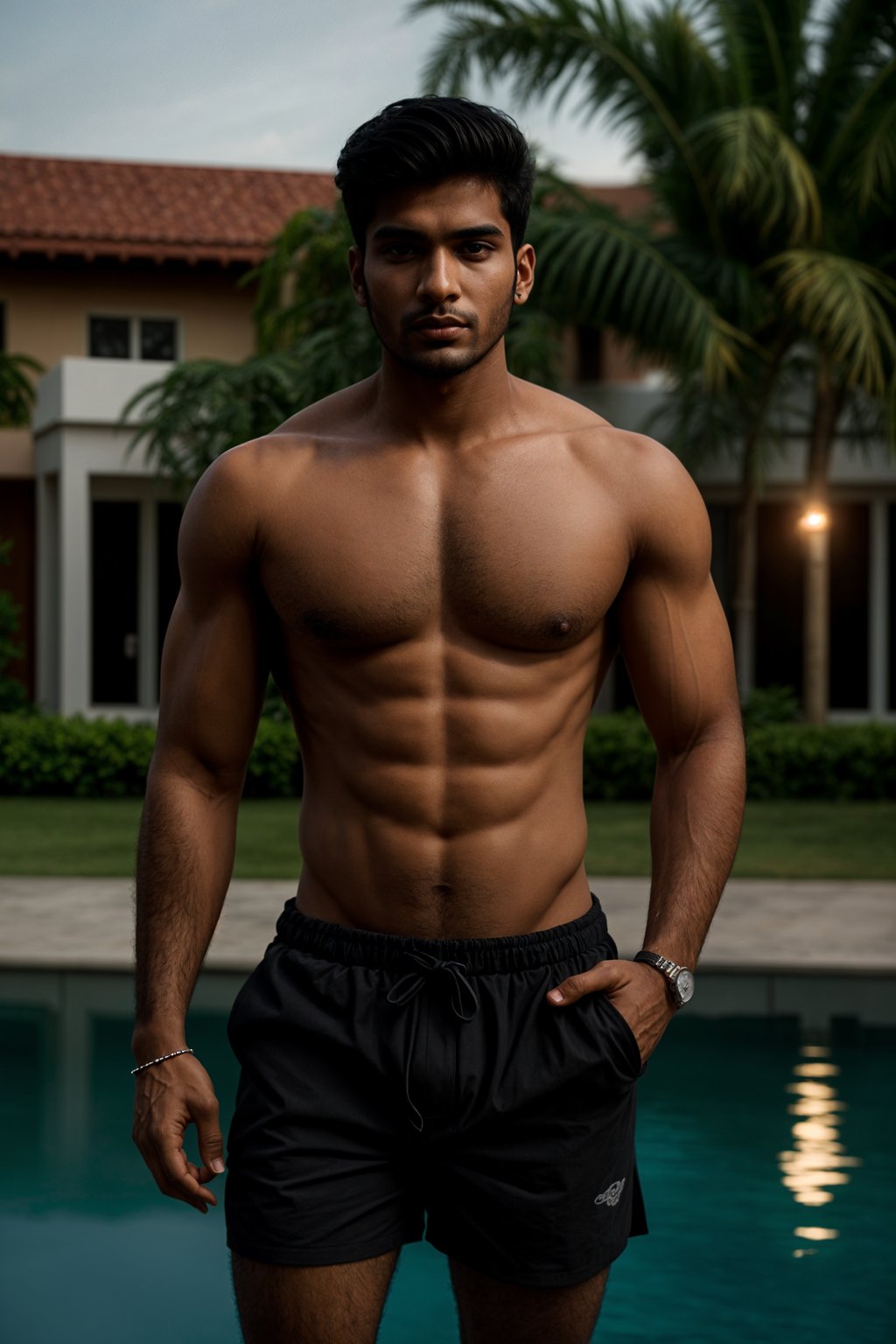 man wearing black   swim shorts in front of luxury villa