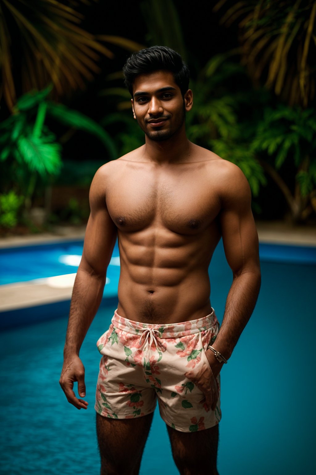 smiling man , fit body in floral silk  swim shorts and shirtless at pool party with neon lights