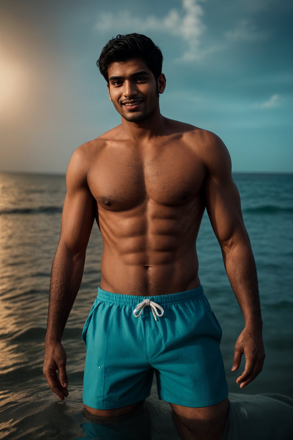 smiling man in  swim shorts} in sea water on the beach, wet hair