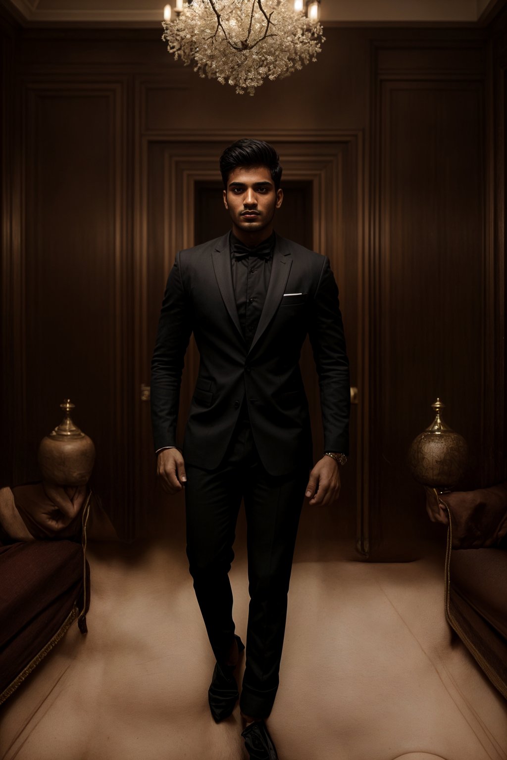 a man wearing  black suit in luxury villa living room, instagram photo, instagram,  fit body