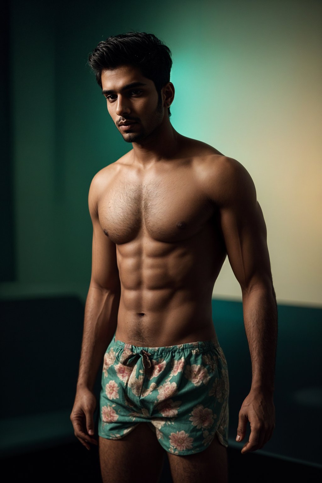 a man wearing  silk floral swim shorts in night club, instagram photo, instagram,  fit body