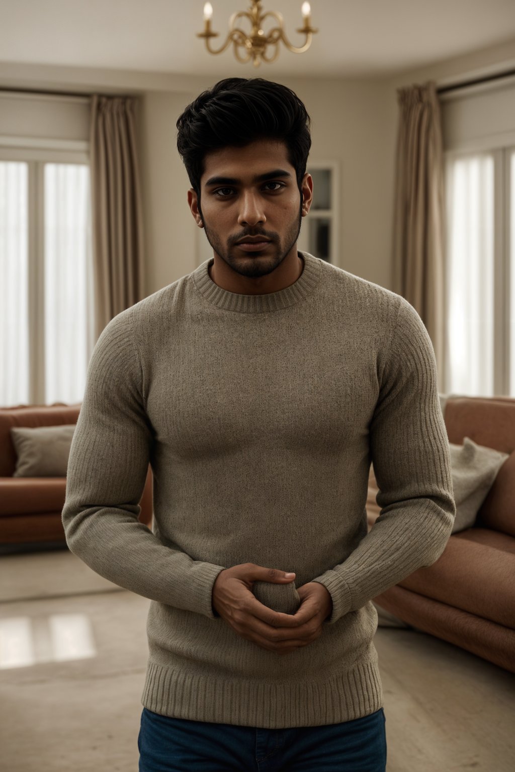 a man wearing knitted sweater) in luxury villa living room, instagram photo, instagram,  fit body