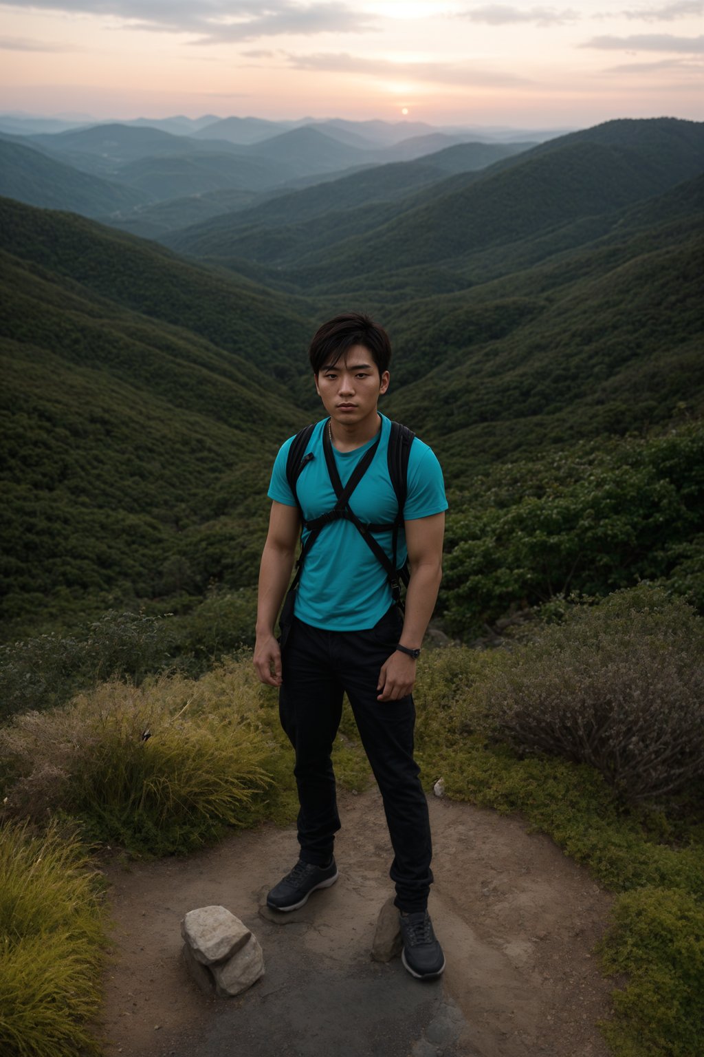 man on a hiking trail, overlooking a breathtaking mountain landscape