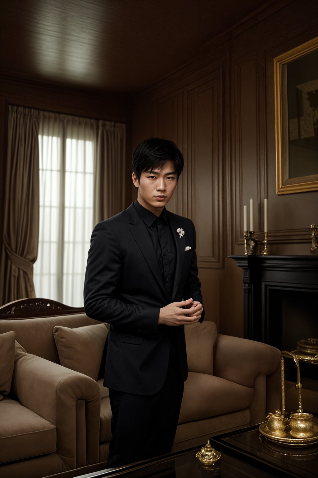 a man wearing  black suit in luxury villa living room, instagram photo, instagram,  fit body