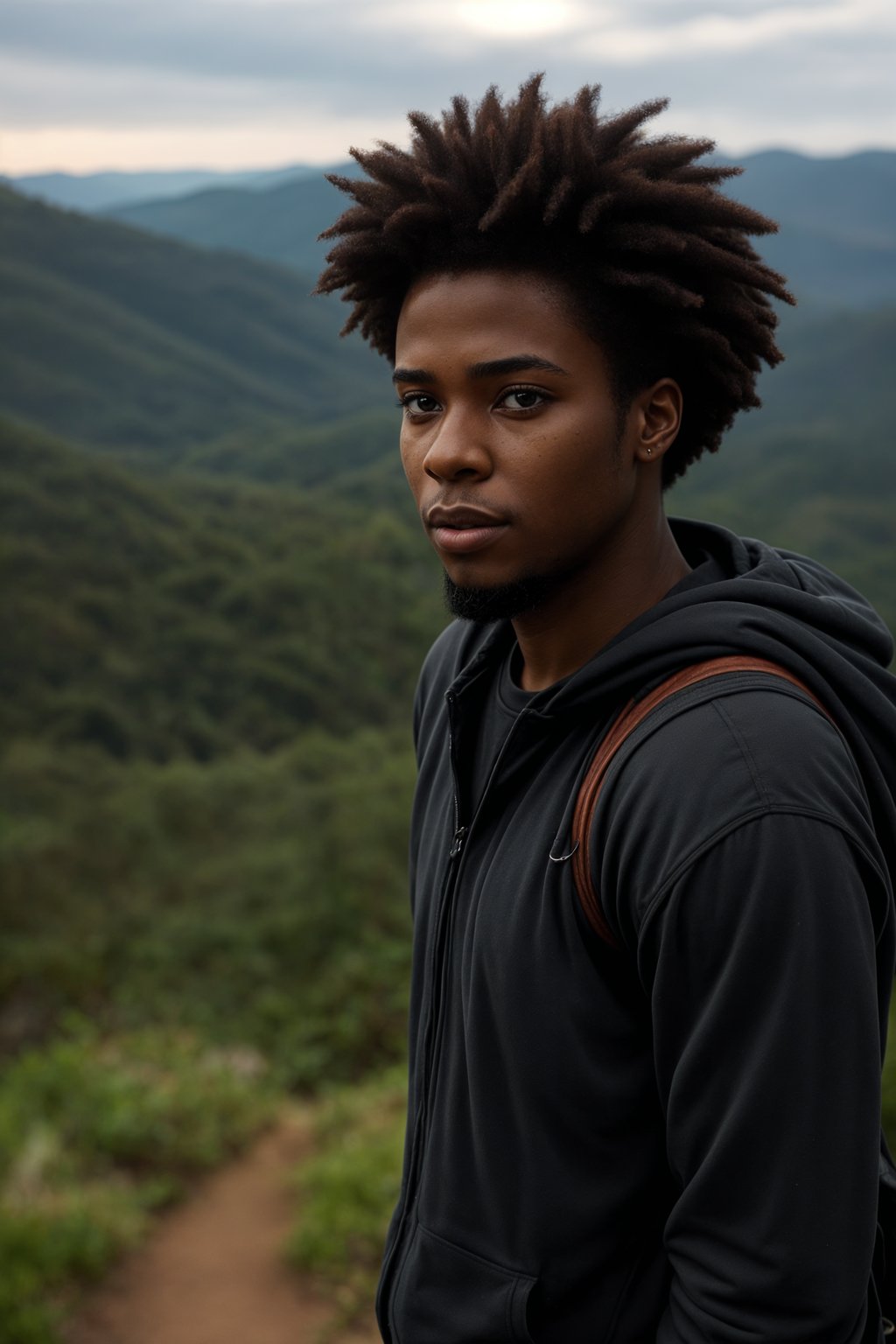 man on a hiking trail, overlooking a breathtaking mountain landscape