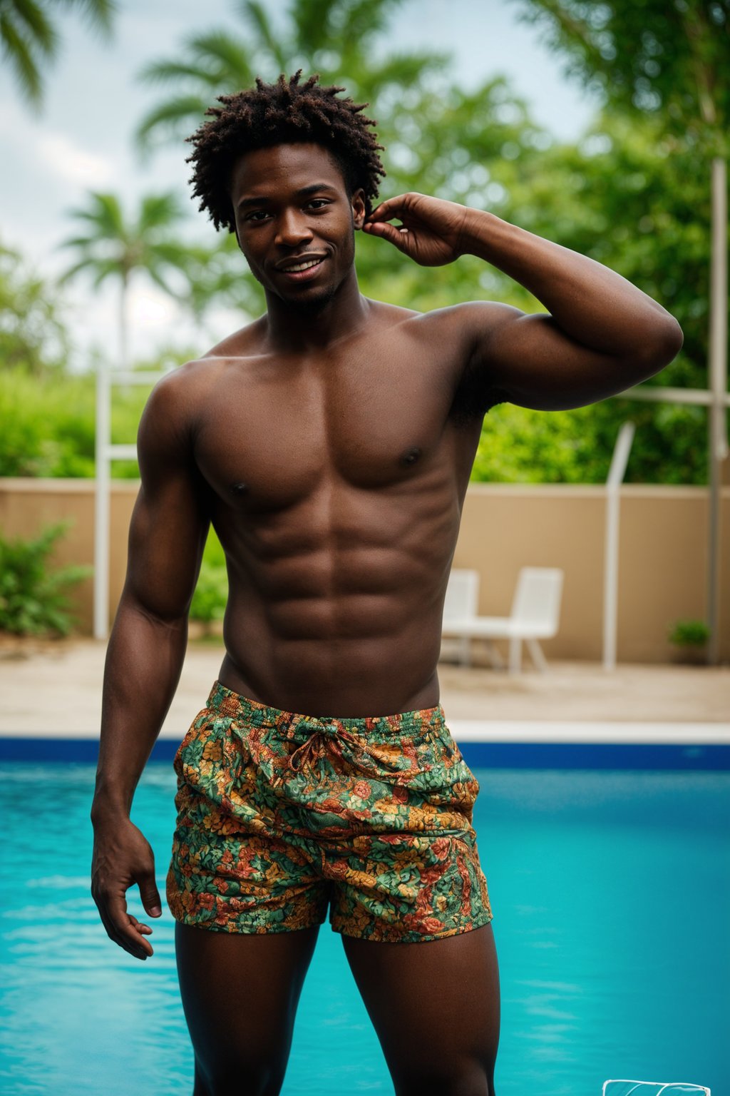 smiling man , fit body in floral silk  swim shorts and shirtless at pool party with neon lights