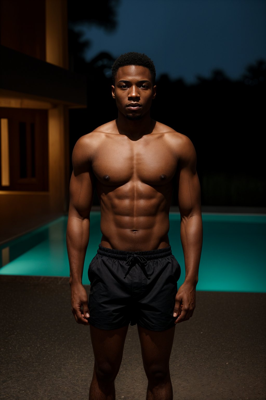 man wearing black   swim shorts in front of luxury villa