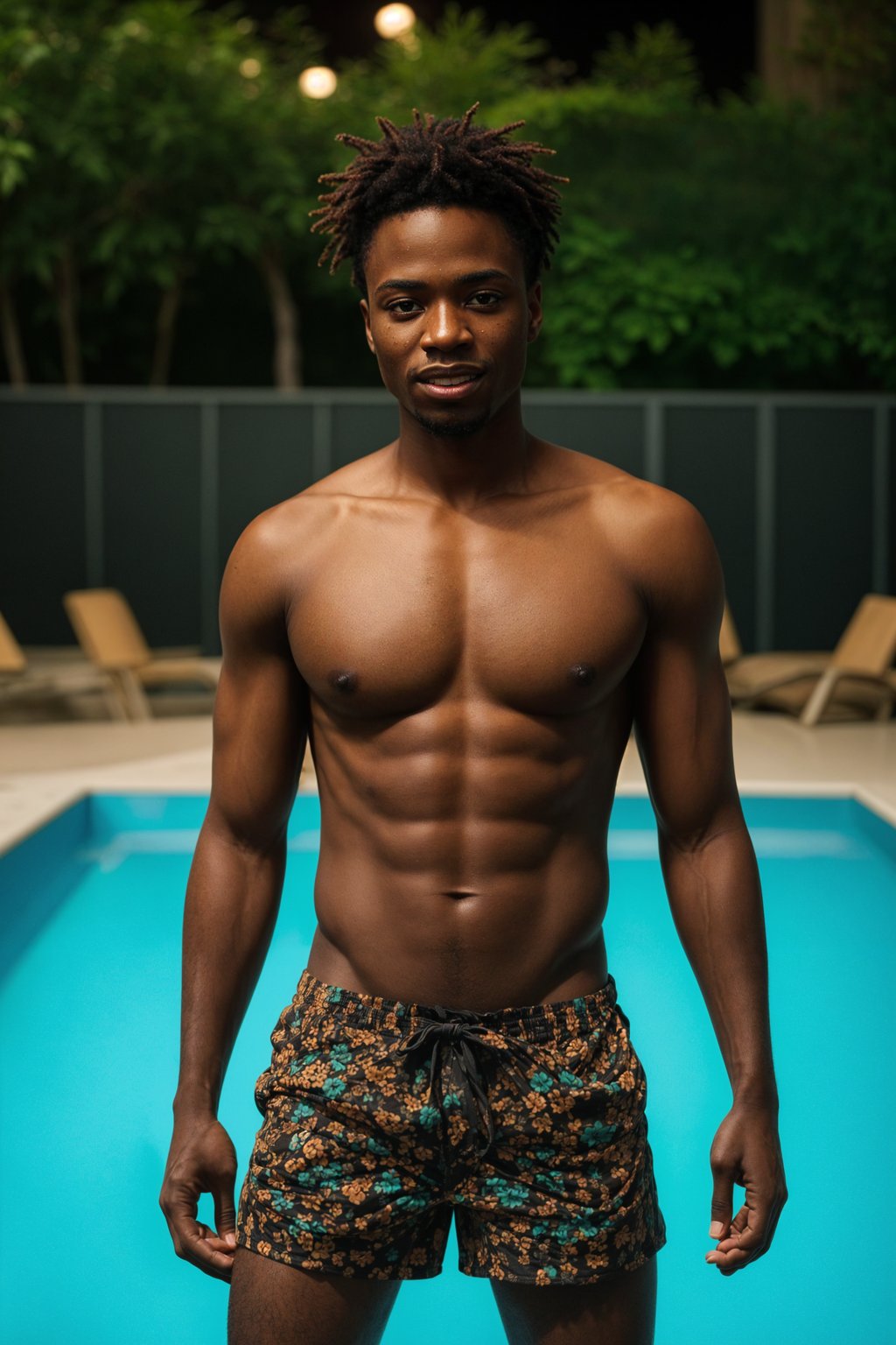 smiling man , fit body in floral silk  swim shorts and shirtless at pool party with neon lights