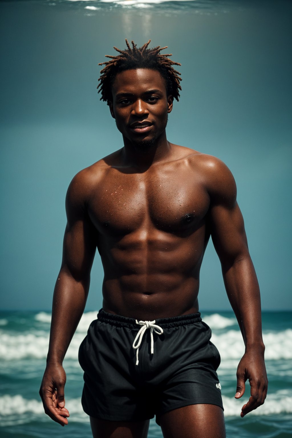 smiling man in  swim shorts} in sea water on the beach, wet hair