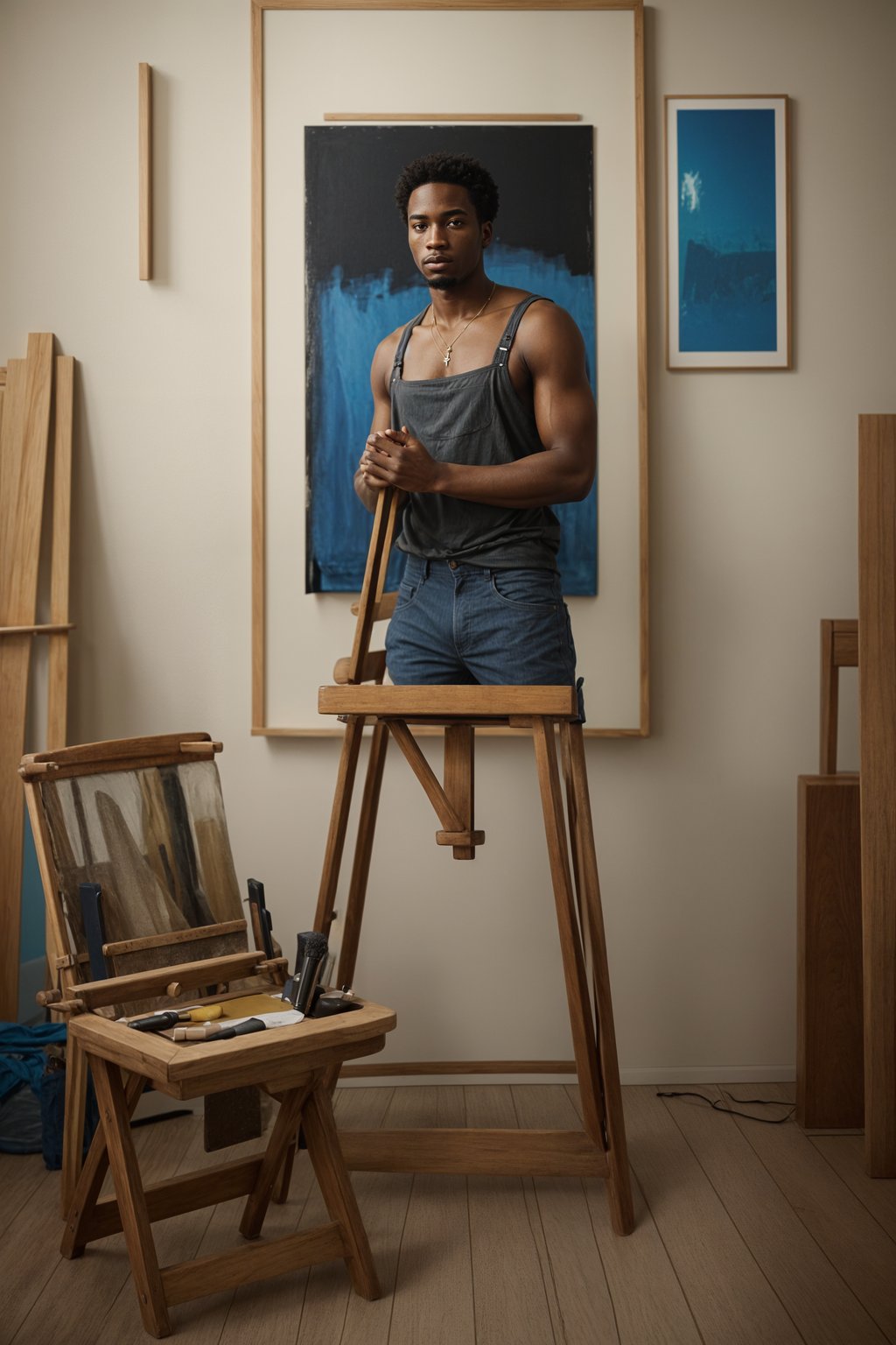 a man as artistic painter in  art studio with wooden easel and paint