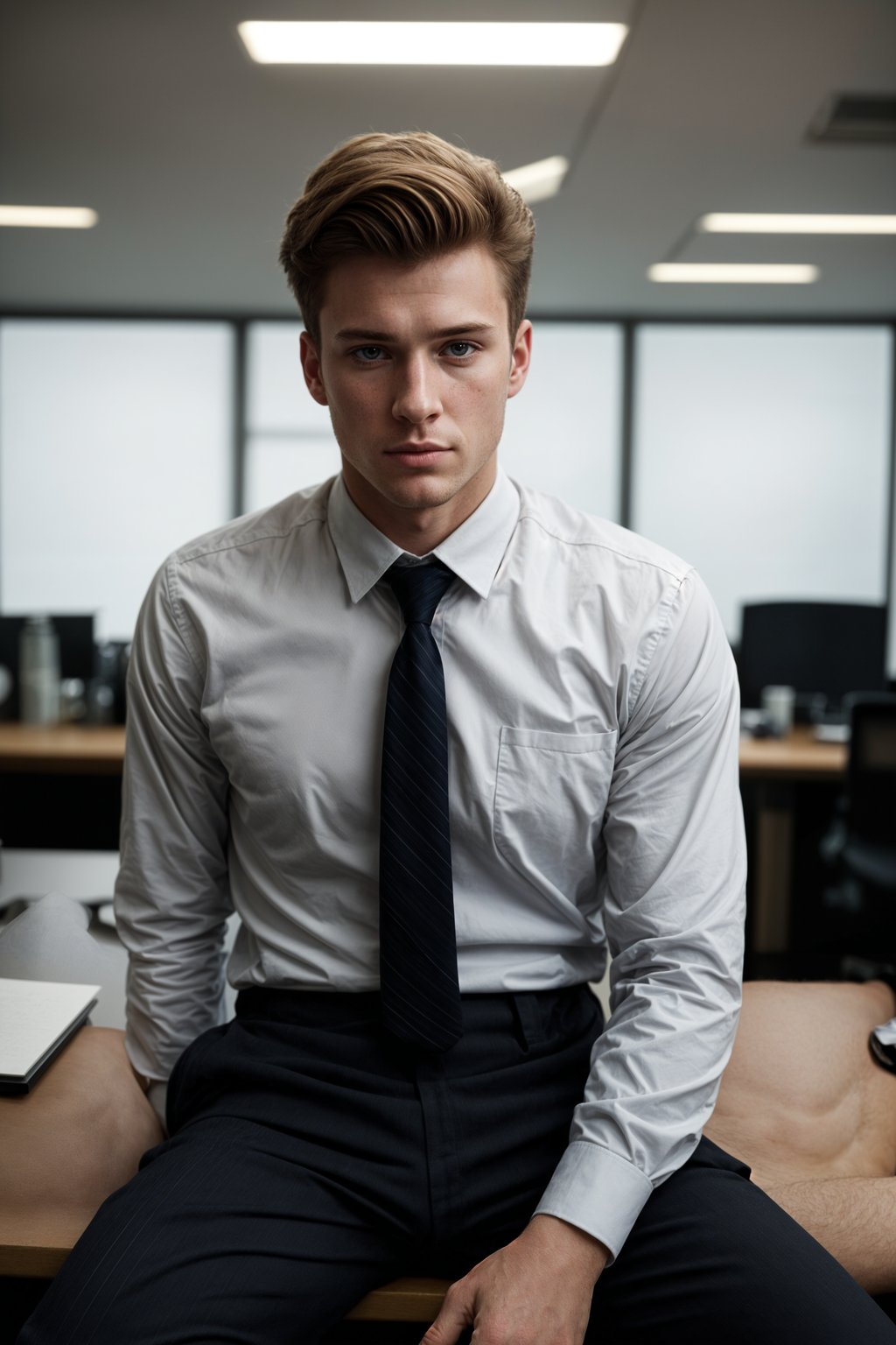 headshot of man, sitting at a desk, at a (office),  shirt and tie and suit pants