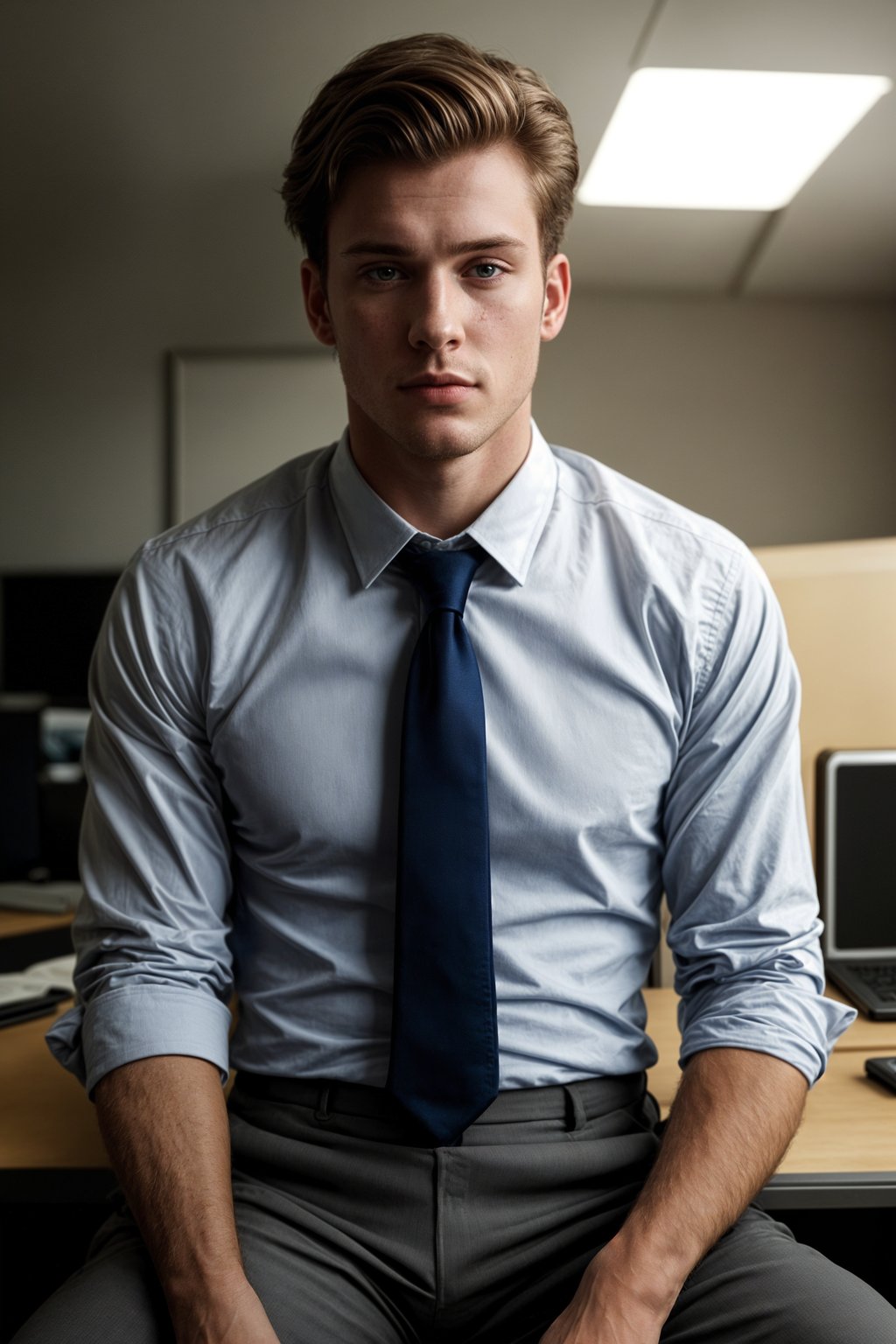 headshot of man, sitting at a desk, at a (office),  shirt and tie and suit pants