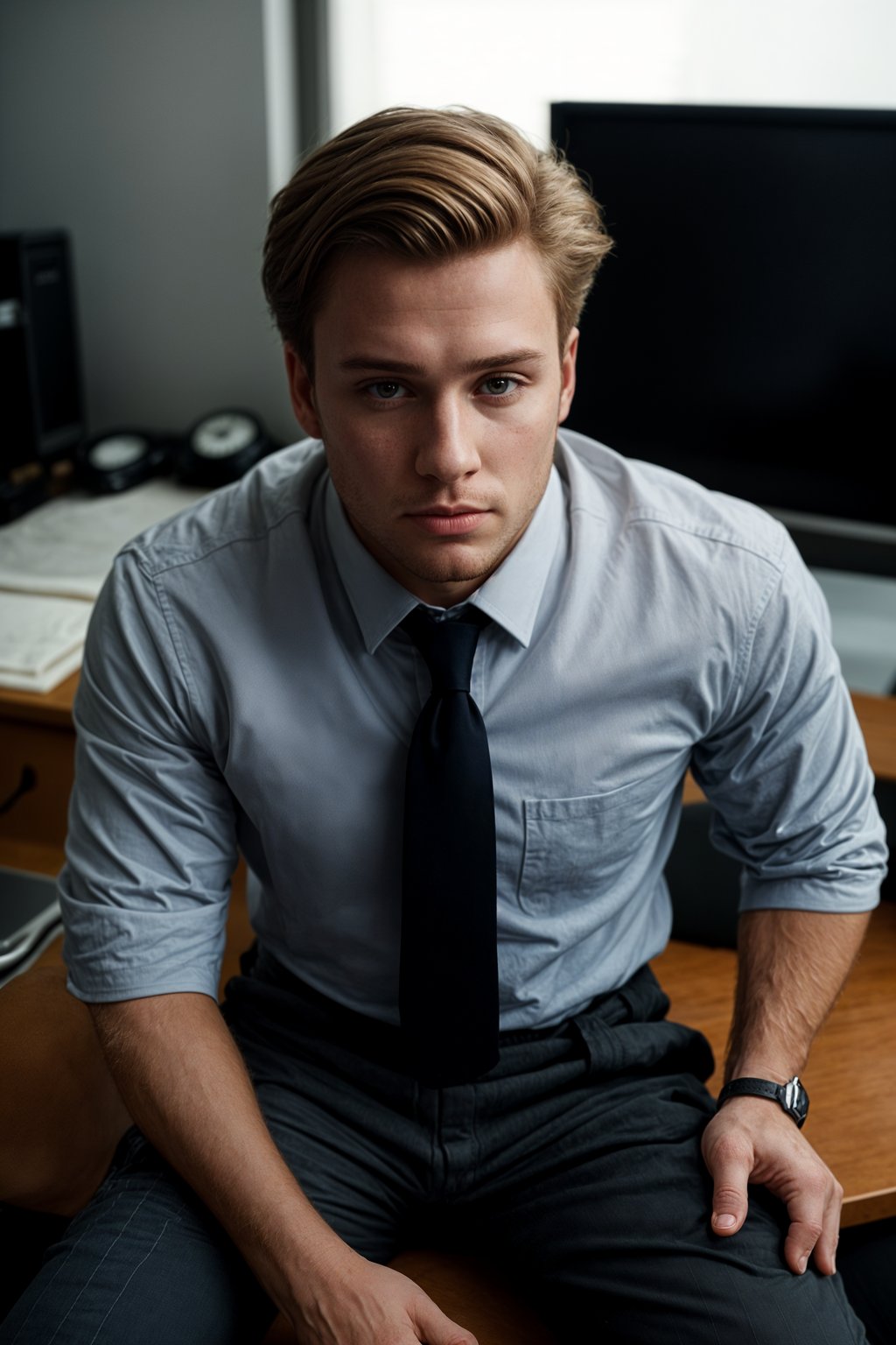 headshot of man, sitting at a desk, at a (office),  shirt and tie and suit pants