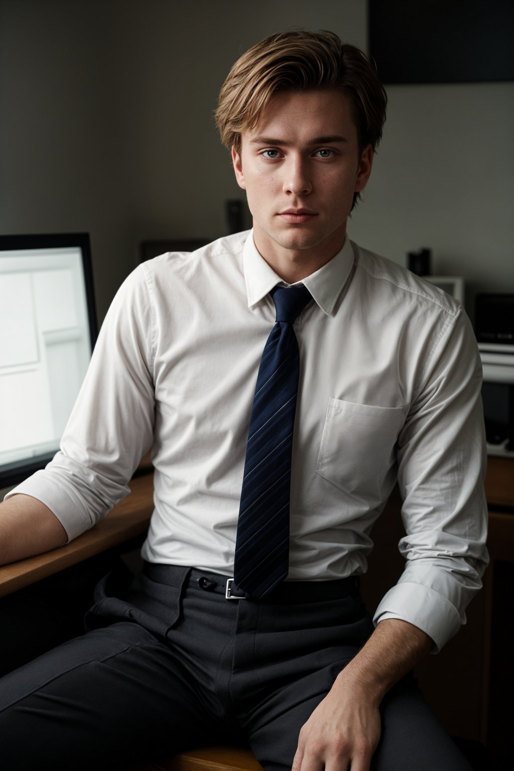 headshot of man, sitting at a desk, at a (office),  shirt and tie and suit pants