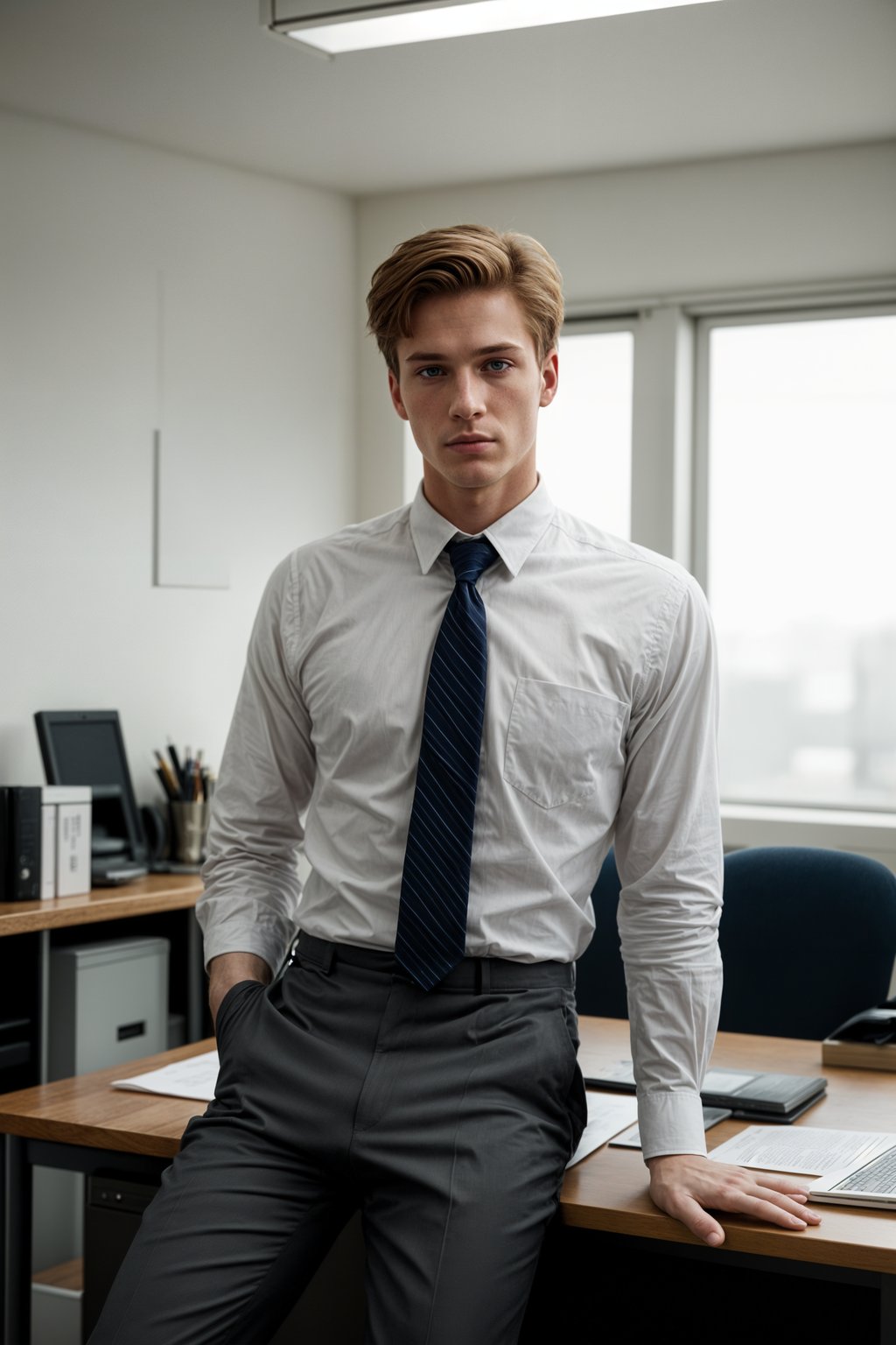 headshot of man, sitting at a desk, at a (office),  shirt and tie and suit pants