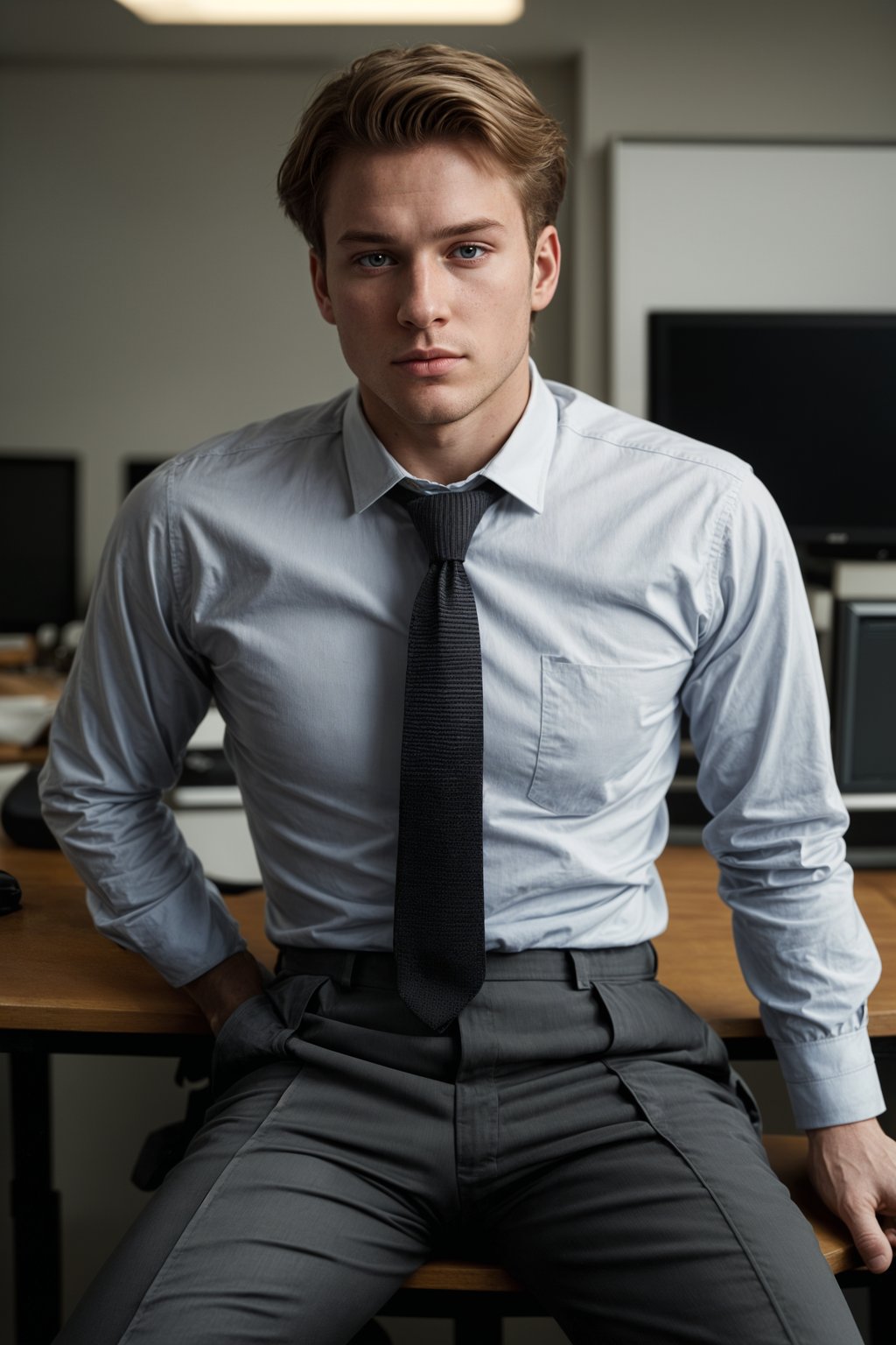 headshot of man, sitting at a desk, at a (office),  shirt and tie and suit pants