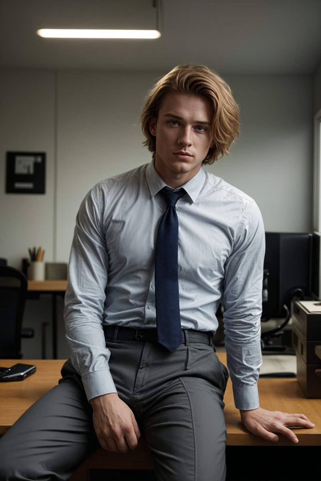 headshot of man, sitting at a desk, at a (office),  shirt and tie and suit pants