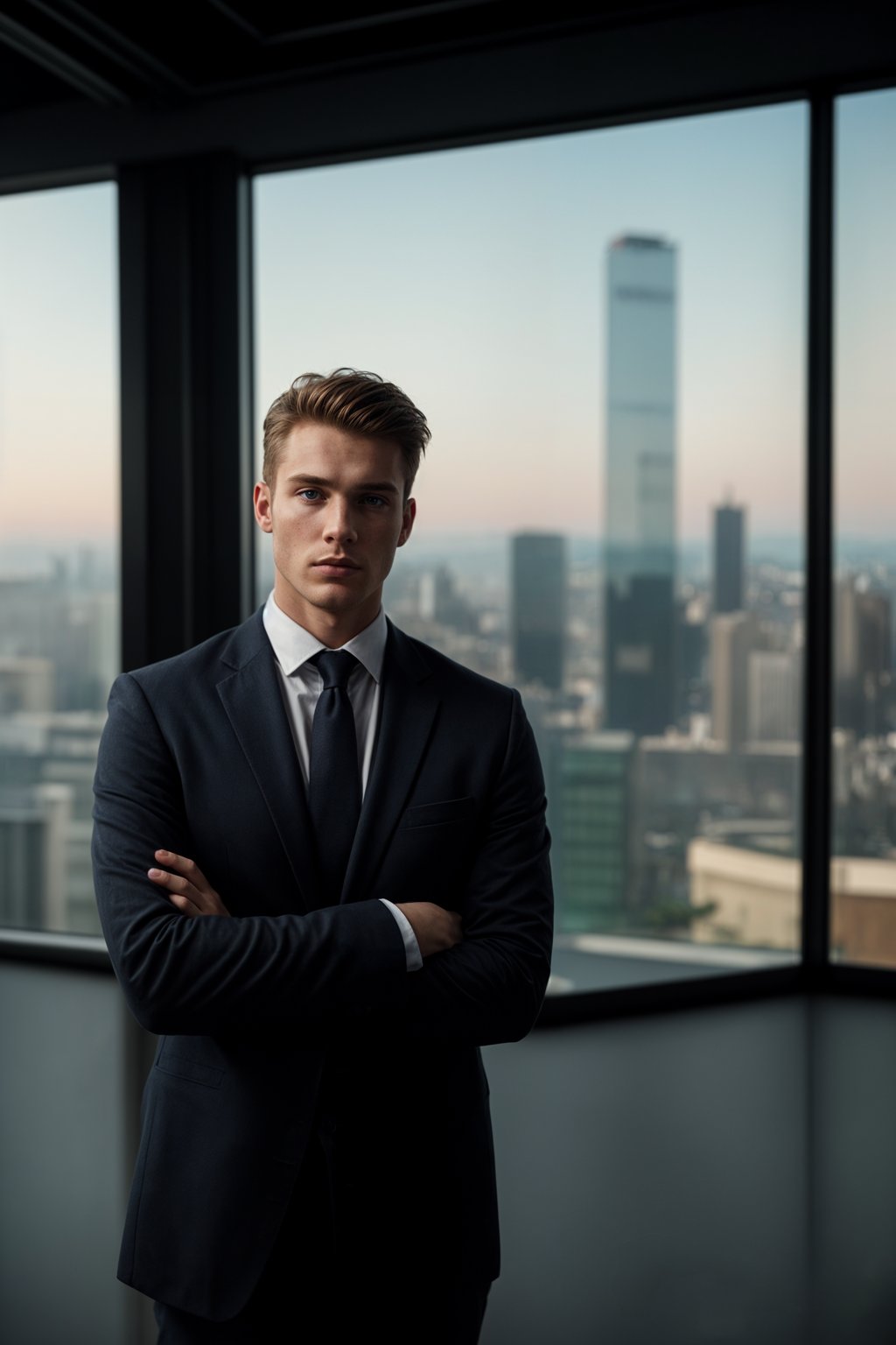 8k professional headshot of man, crisp details, studio backdrop, executive attire, confident posture, neutral expression, high-definition, corporate setting, sharp focus, ambient lighting, business professional, cityscape view