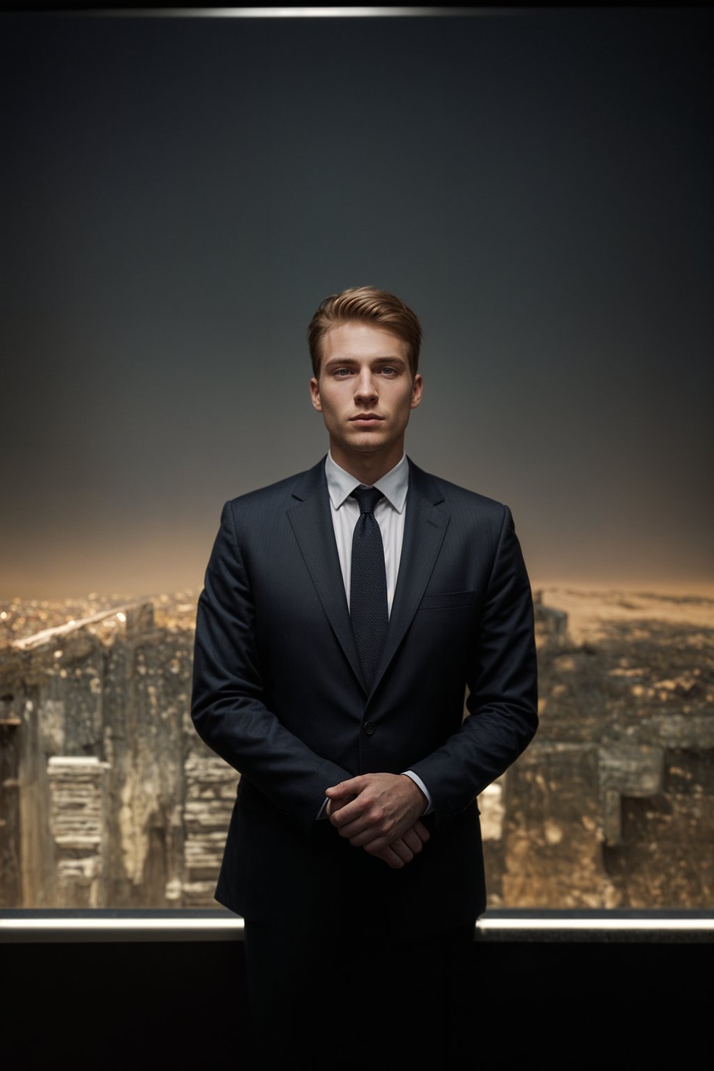 8k professional headshot of man, crisp details, studio backdrop, executive attire, confident posture, neutral expression, high-definition, corporate setting, sharp focus, ambient lighting, business professional, cityscape view