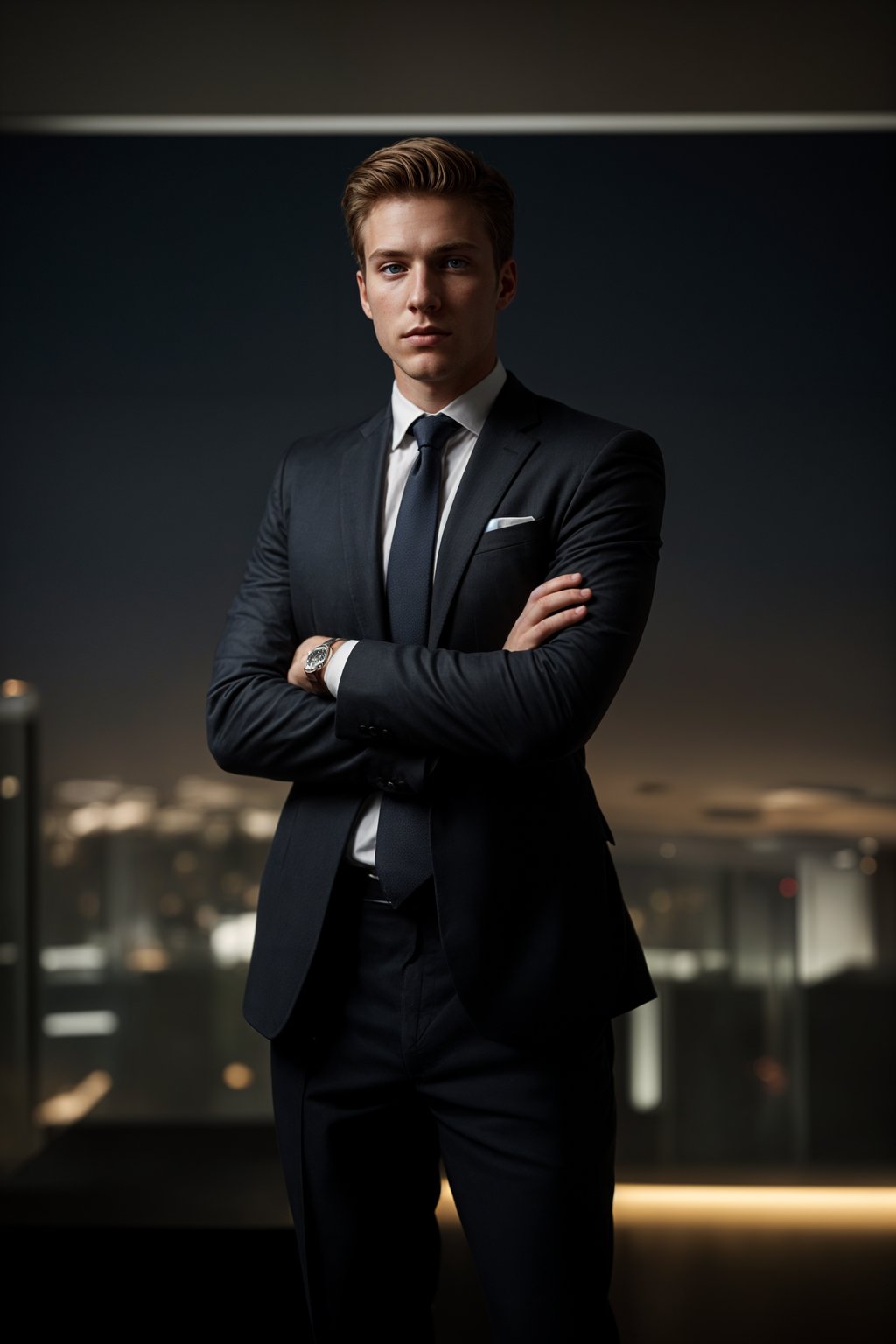 8k professional headshot of man, crisp details, studio backdrop, executive attire, confident posture, neutral expression, high-definition, corporate setting, sharp focus, ambient lighting, business professional, cityscape view