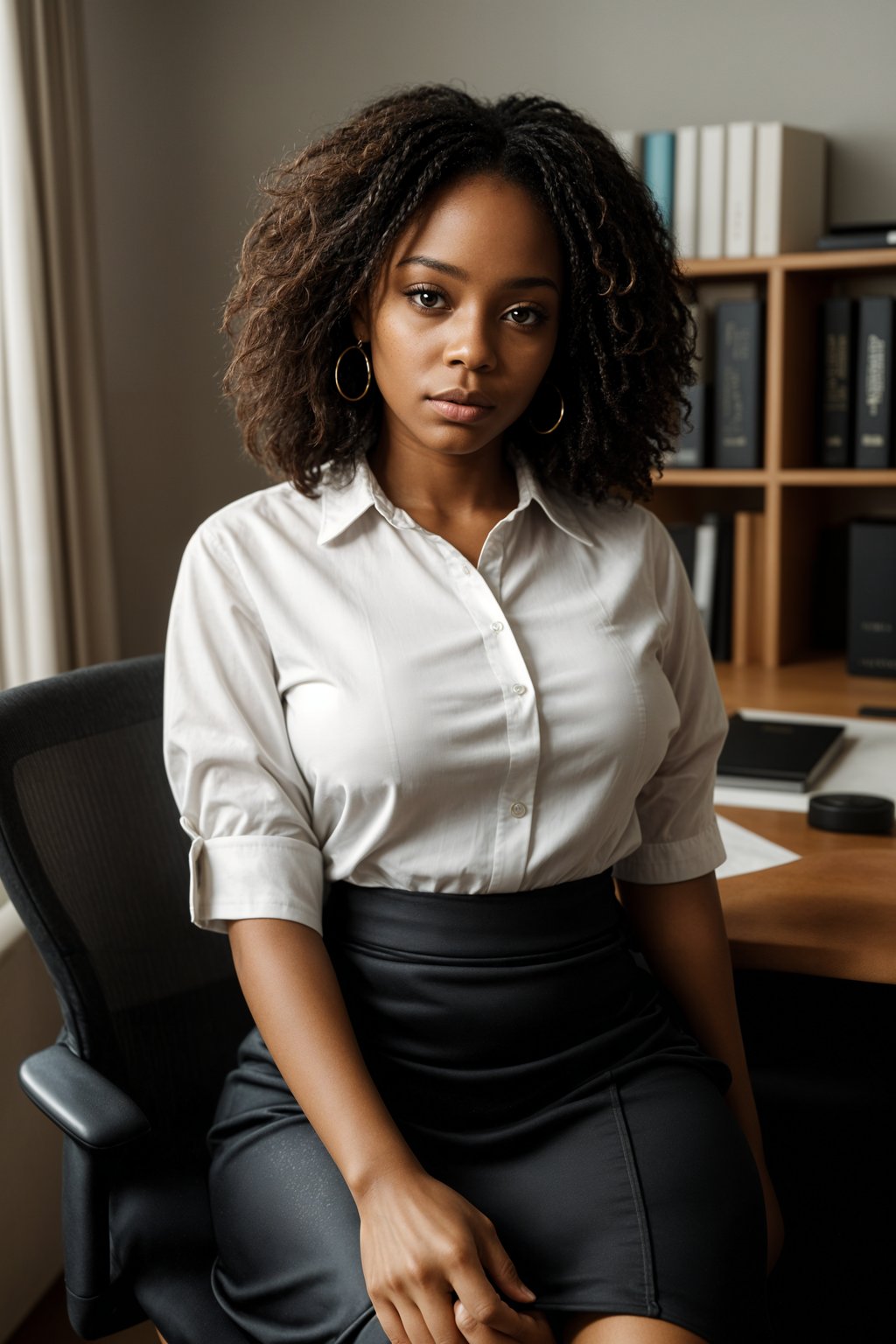 headshot of woman, sitting at a desk, at a (office), BREAK elegant blouse, pencil skirt, makeup