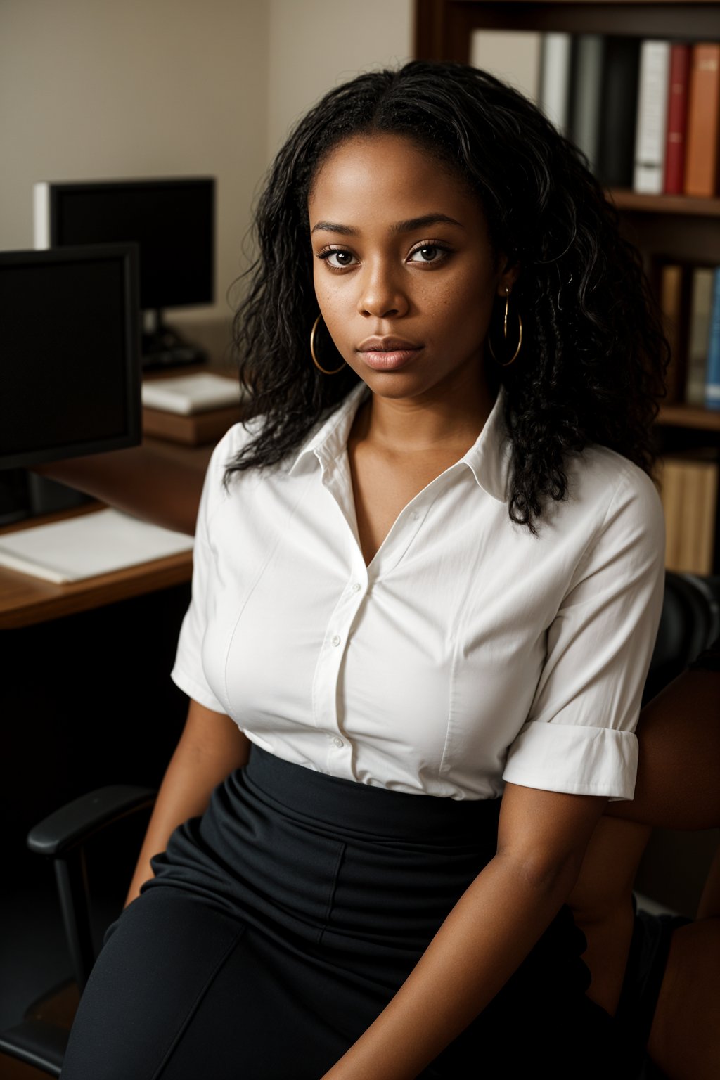 headshot of woman, sitting at a desk, at a (office), BREAK elegant blouse, pencil skirt, makeup