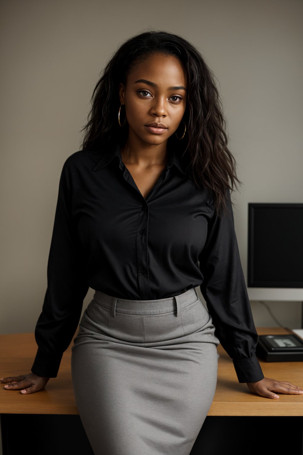 headshot of woman, sitting at a desk, at a (office), BREAK elegant blouse, pencil skirt, makeup