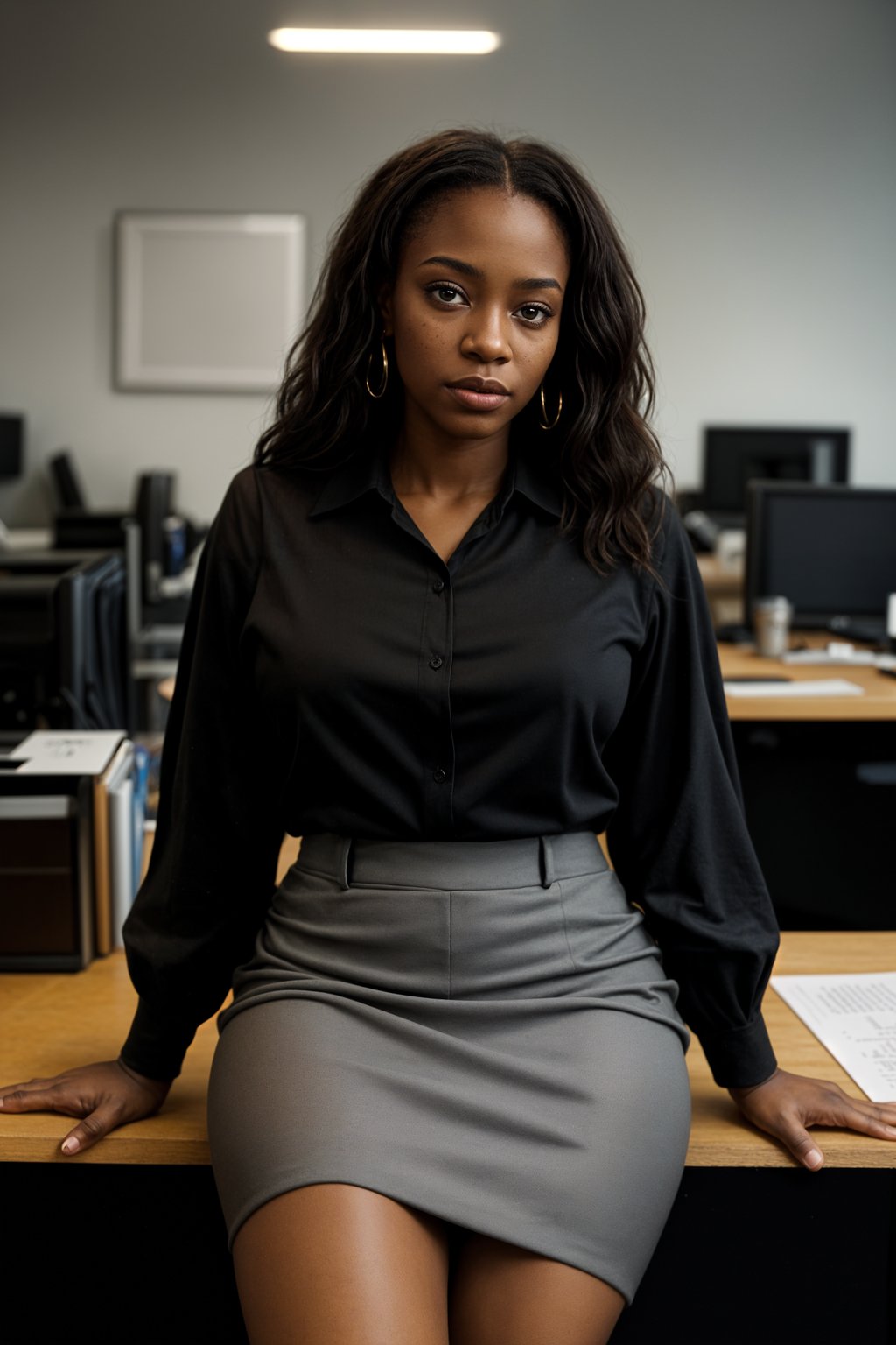 headshot of woman, sitting at a desk, at a (office), BREAK elegant blouse, pencil skirt, makeup