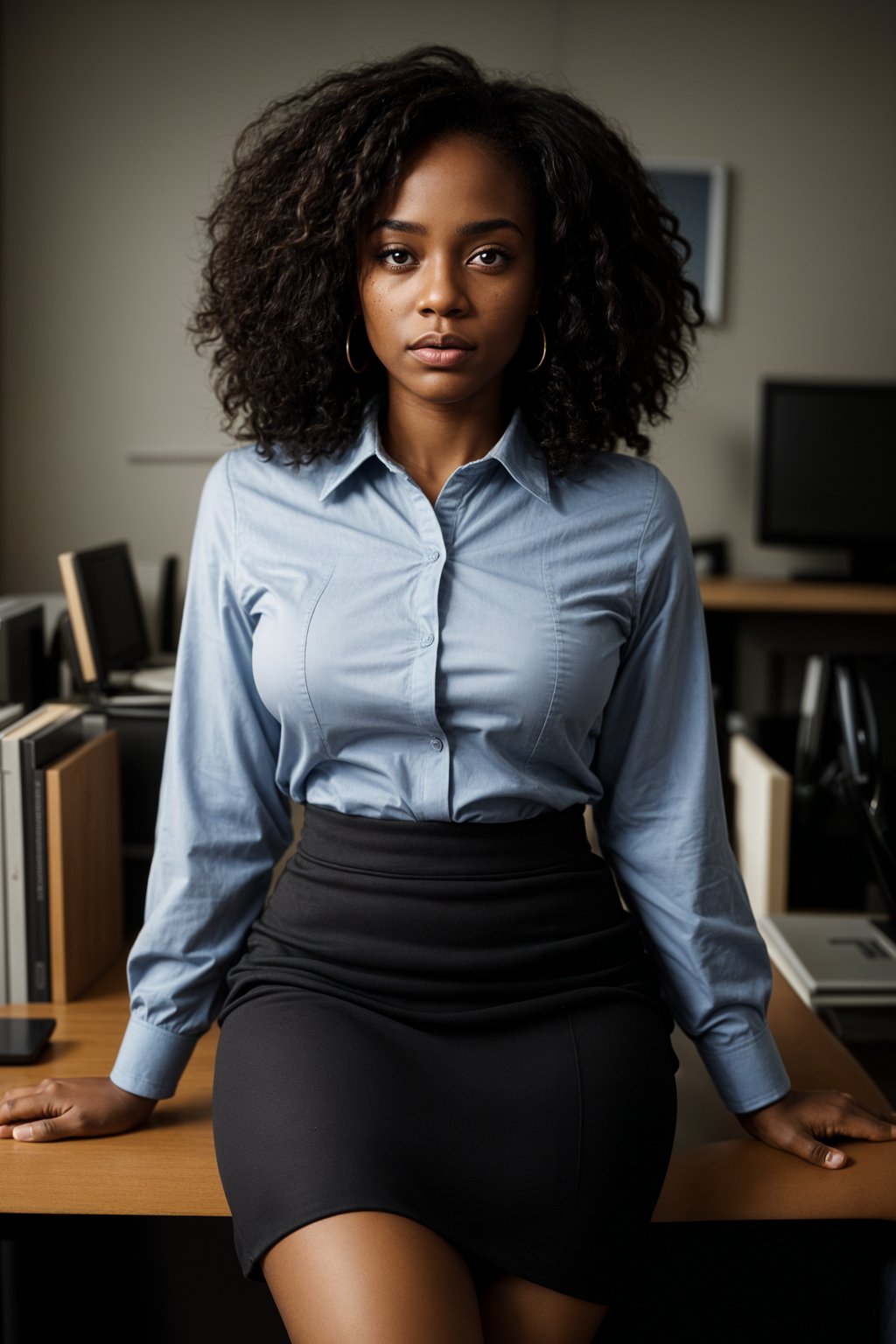 headshot of woman, sitting at a desk, at a (office), BREAK elegant blouse, pencil skirt, makeup