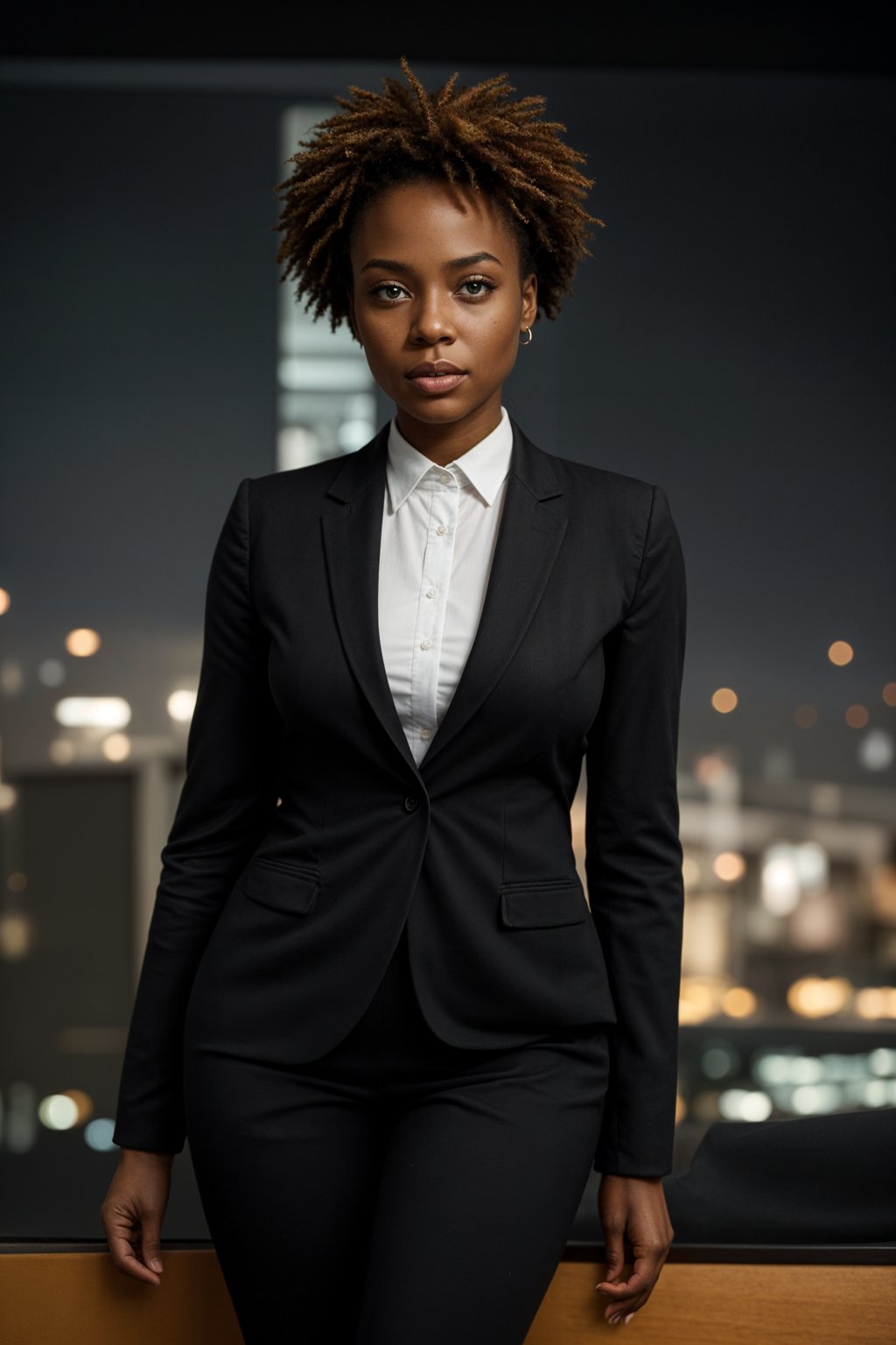 8k professional headshot of woman, crisp details, studio backdrop, executive attire, confident posture, neutral expression, high-definition, corporate setting, sharp focus, ambient lighting, business professional, cityscape view