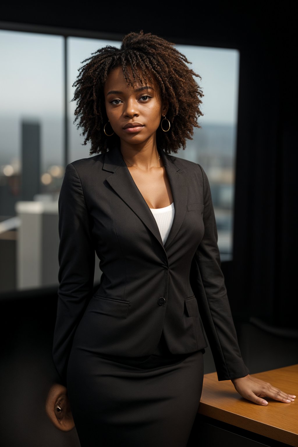 8k professional headshot of woman, crisp details, studio backdrop, executive attire, confident posture, neutral expression, high-definition, corporate setting, sharp focus, ambient lighting, business professional, cityscape view