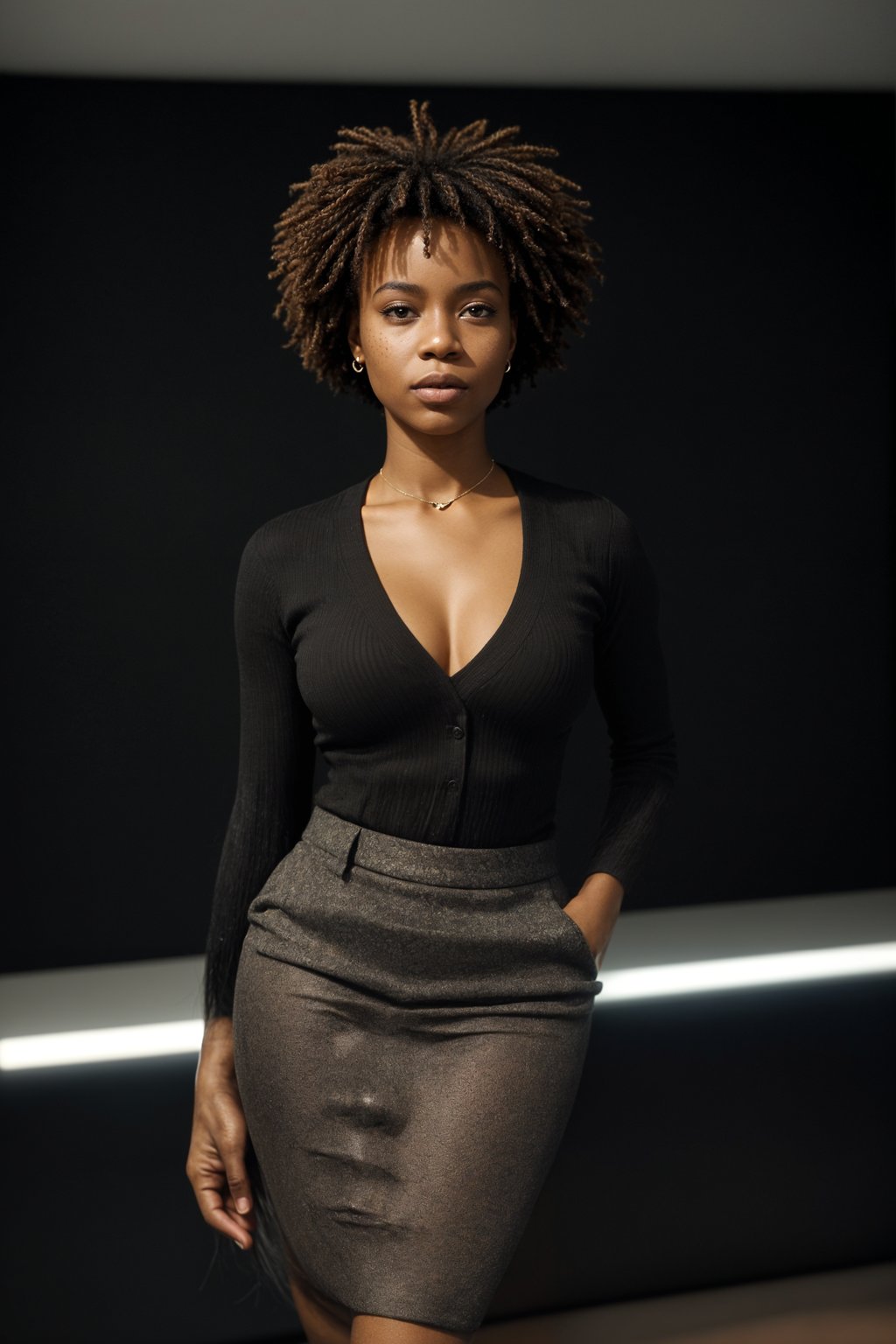 8k professional headshot of woman, crisp details, studio backdrop, executive attire, confident posture, neutral expression, high-definition, corporate setting, sharp focus, ambient lighting, business professional, cityscape view