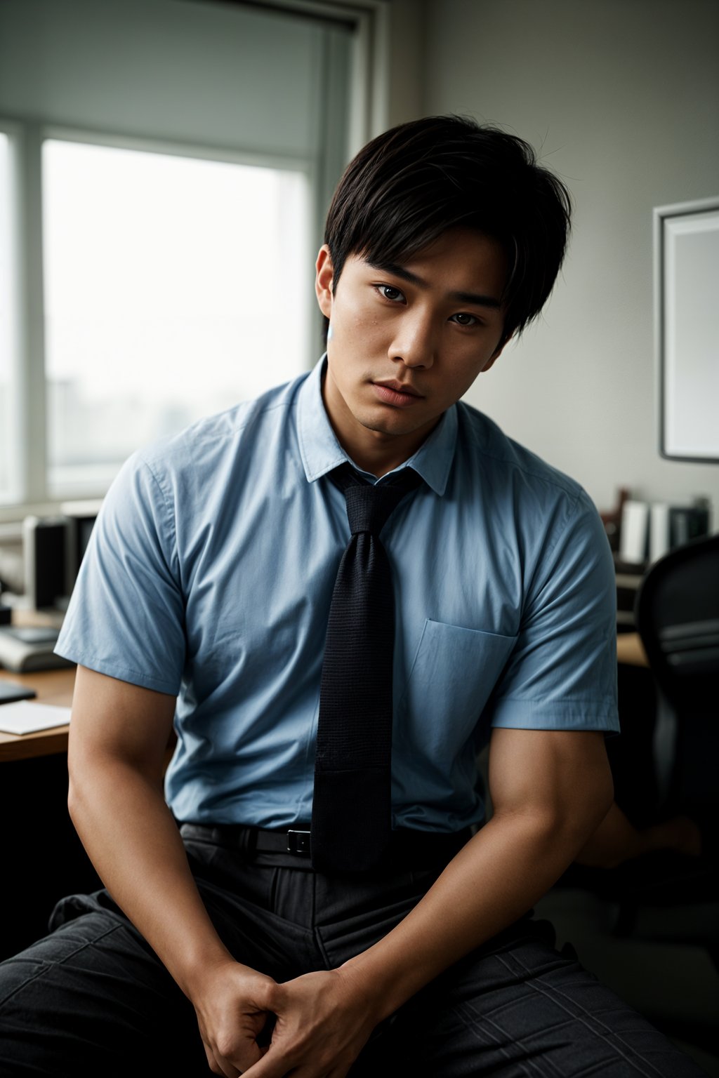 headshot of man, sitting at a desk, at a (office),  shirt and tie and suit pants