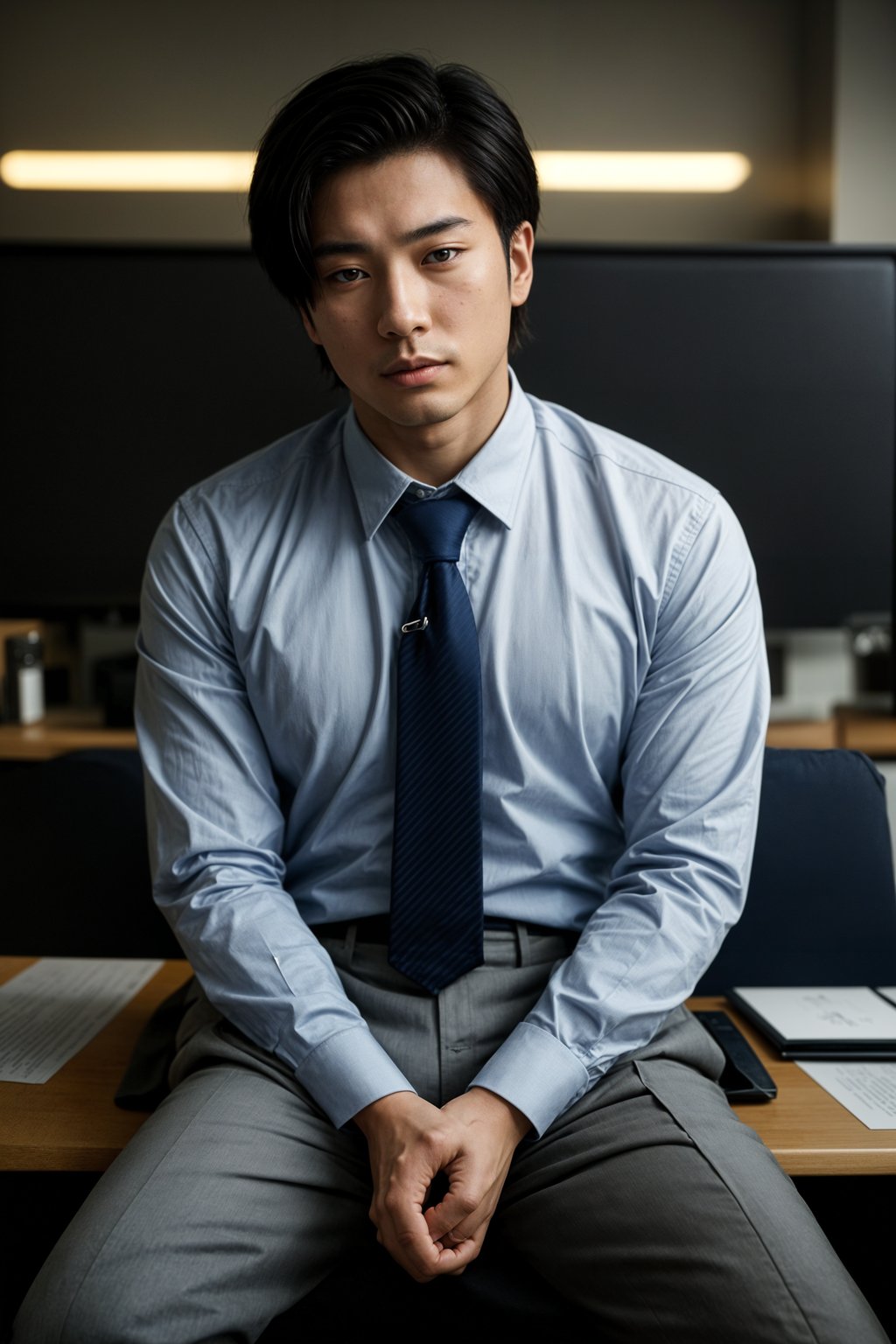 headshot of man, sitting at a desk, at a (office),  shirt and tie and suit pants