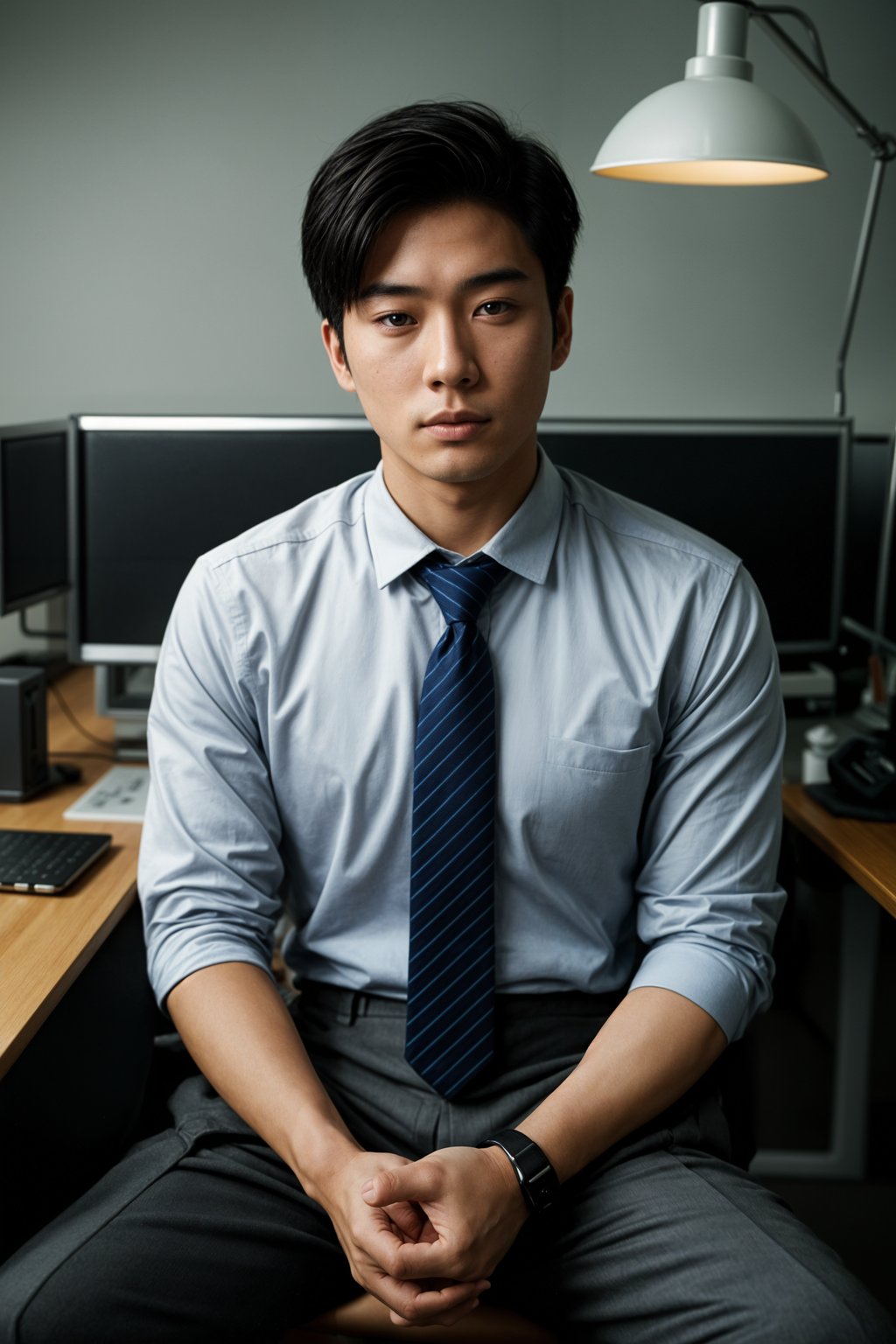 headshot of man, sitting at a desk, at a (office),  shirt and tie and suit pants