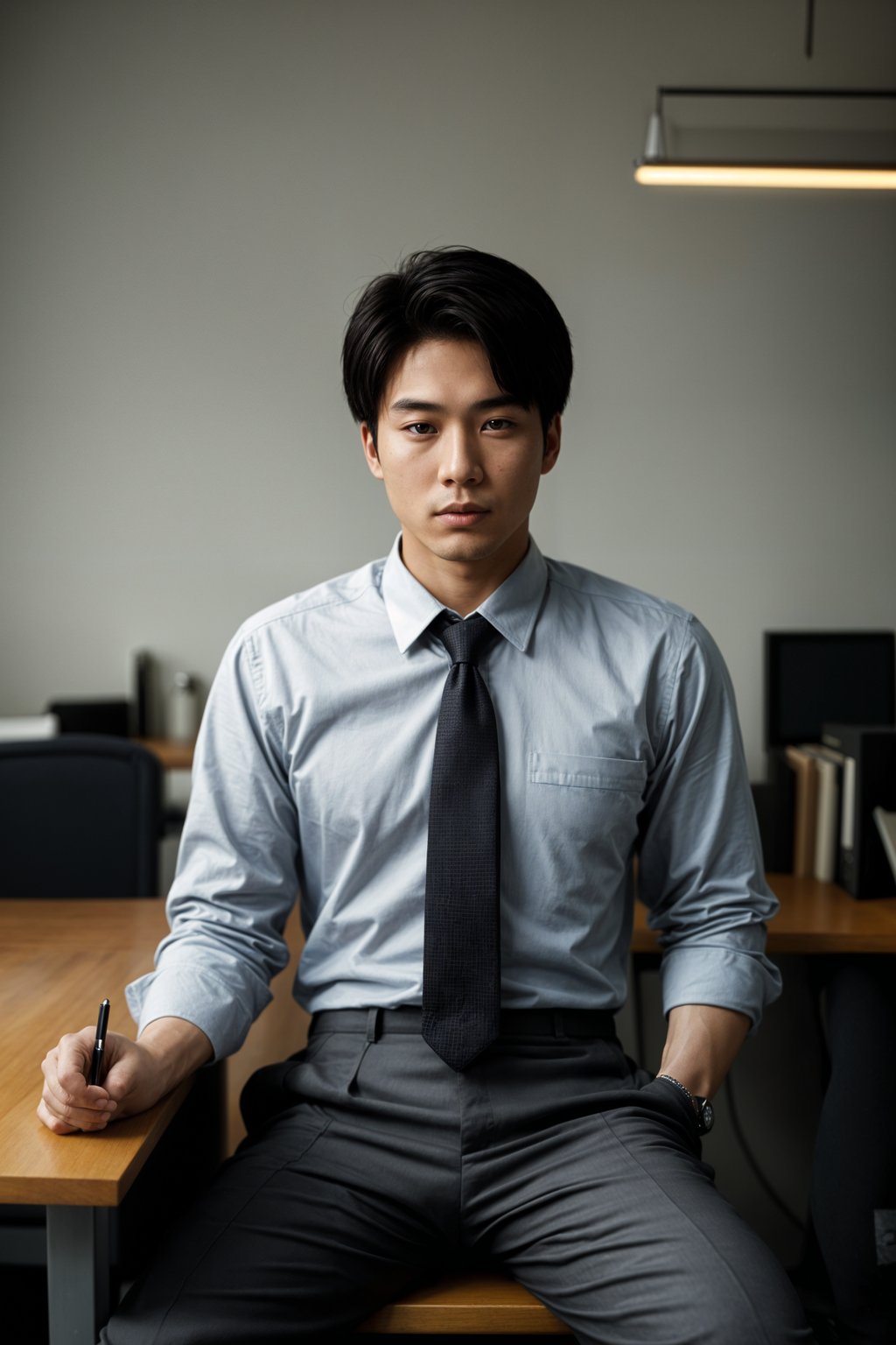 headshot of man, sitting at a desk, at a (office),  shirt and tie and suit pants