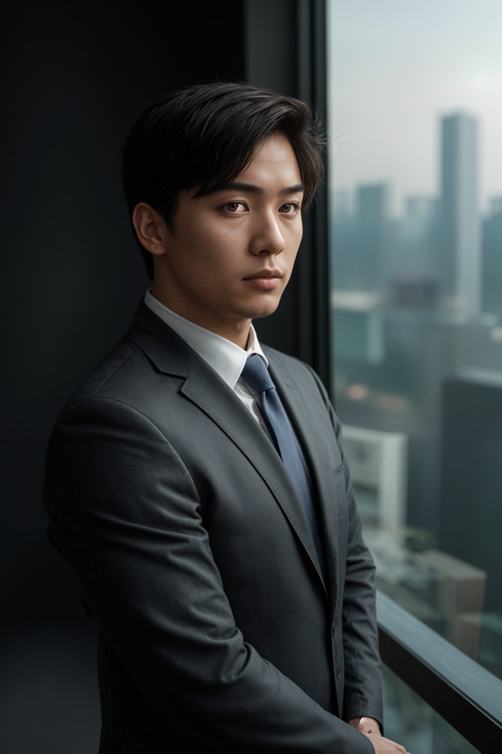 8k professional headshot of man, crisp details, studio backdrop, executive attire, confident posture, neutral expression, high-definition, corporate setting, sharp focus, ambient lighting, business professional, cityscape view