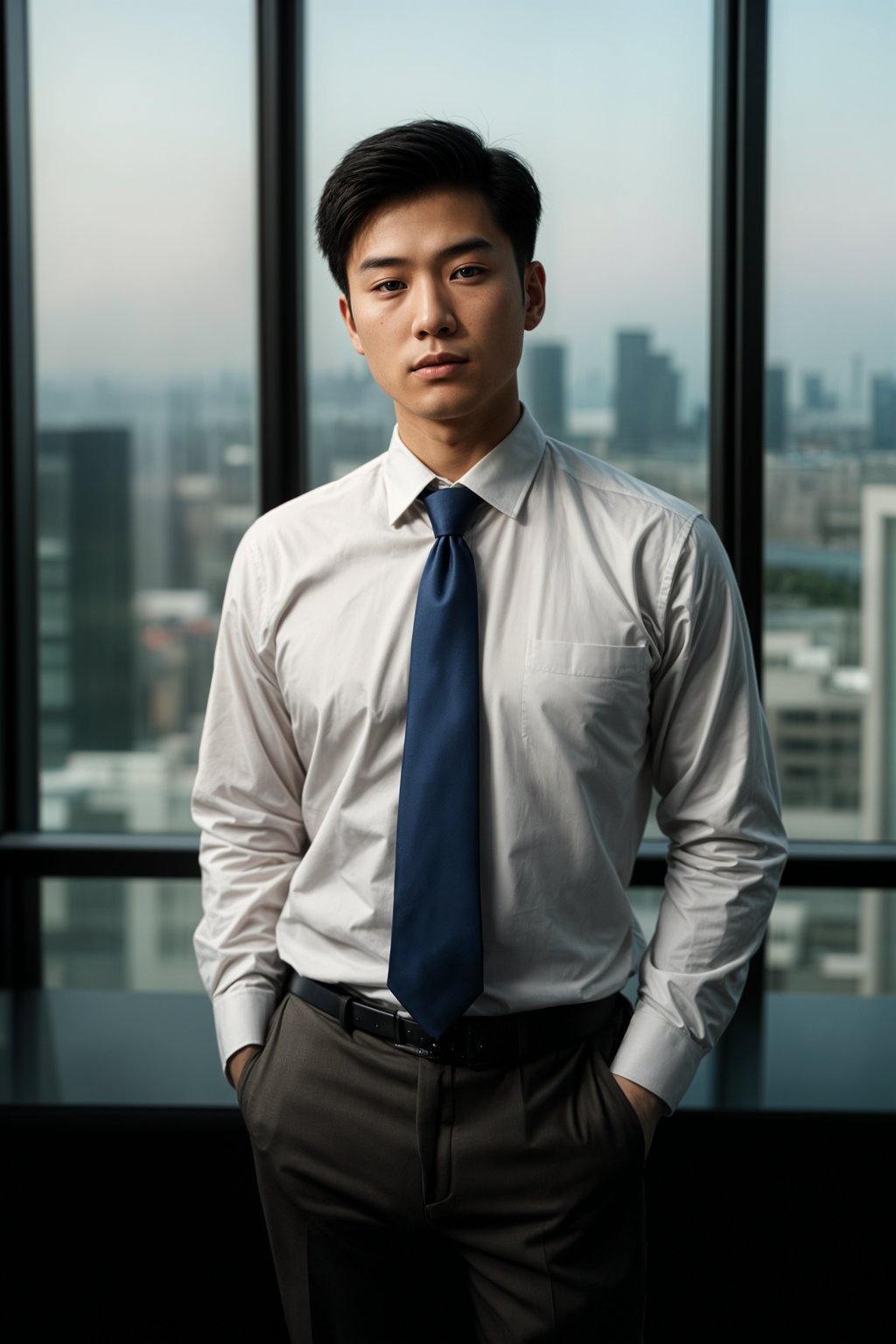 8k professional headshot of man, crisp details, studio backdrop, executive attire, confident posture, neutral expression, high-definition, corporate setting, sharp focus, ambient lighting, business professional, cityscape view