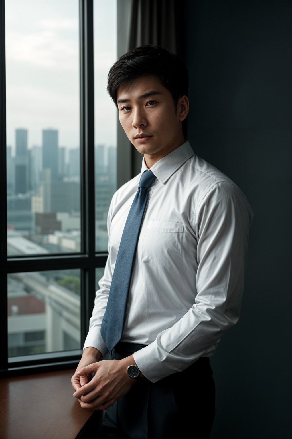 8k professional headshot of man, crisp details, studio backdrop, executive attire, confident posture, neutral expression, high-definition, corporate setting, sharp focus, ambient lighting, business professional, cityscape view