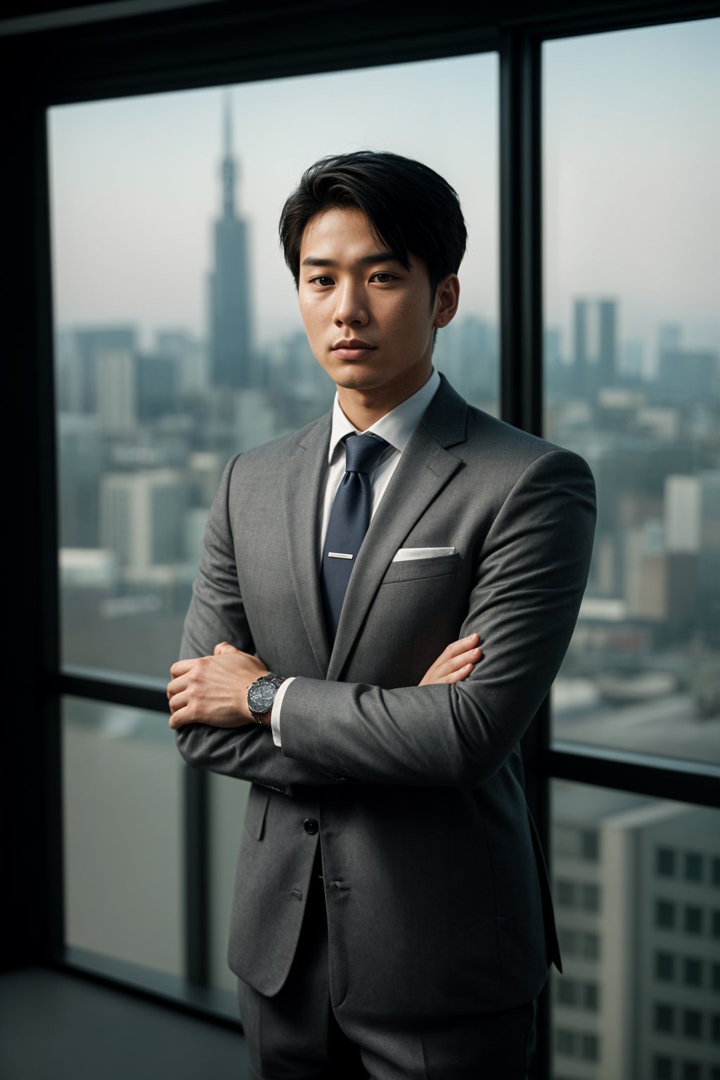 8k professional headshot of man, crisp details, studio backdrop, executive attire, confident posture, neutral expression, high-definition, corporate setting, sharp focus, ambient lighting, business professional, cityscape view