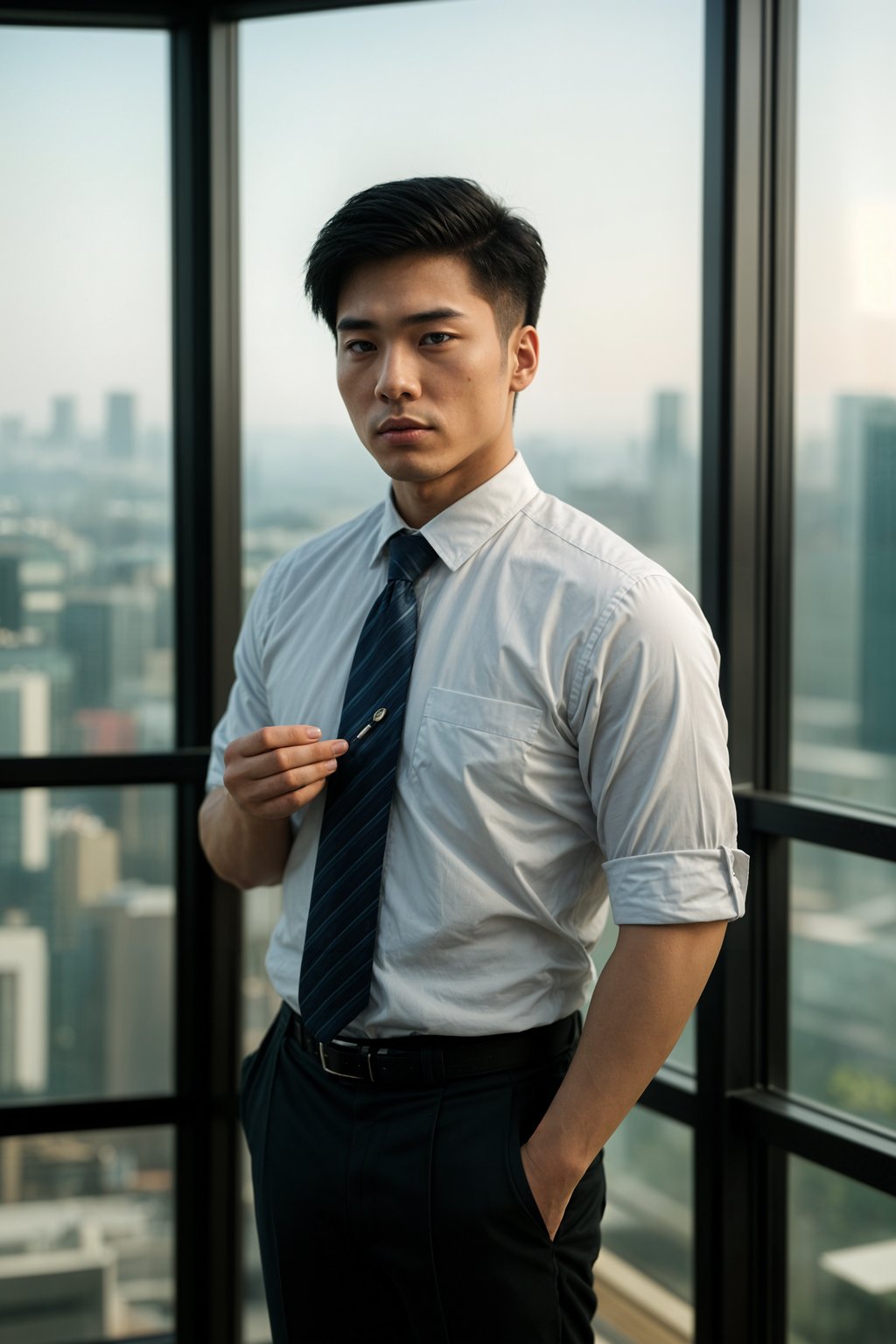 8k professional headshot of man, crisp details, studio backdrop, executive attire, confident posture, neutral expression, high-definition, corporate setting, sharp focus, ambient lighting, business professional, cityscape view