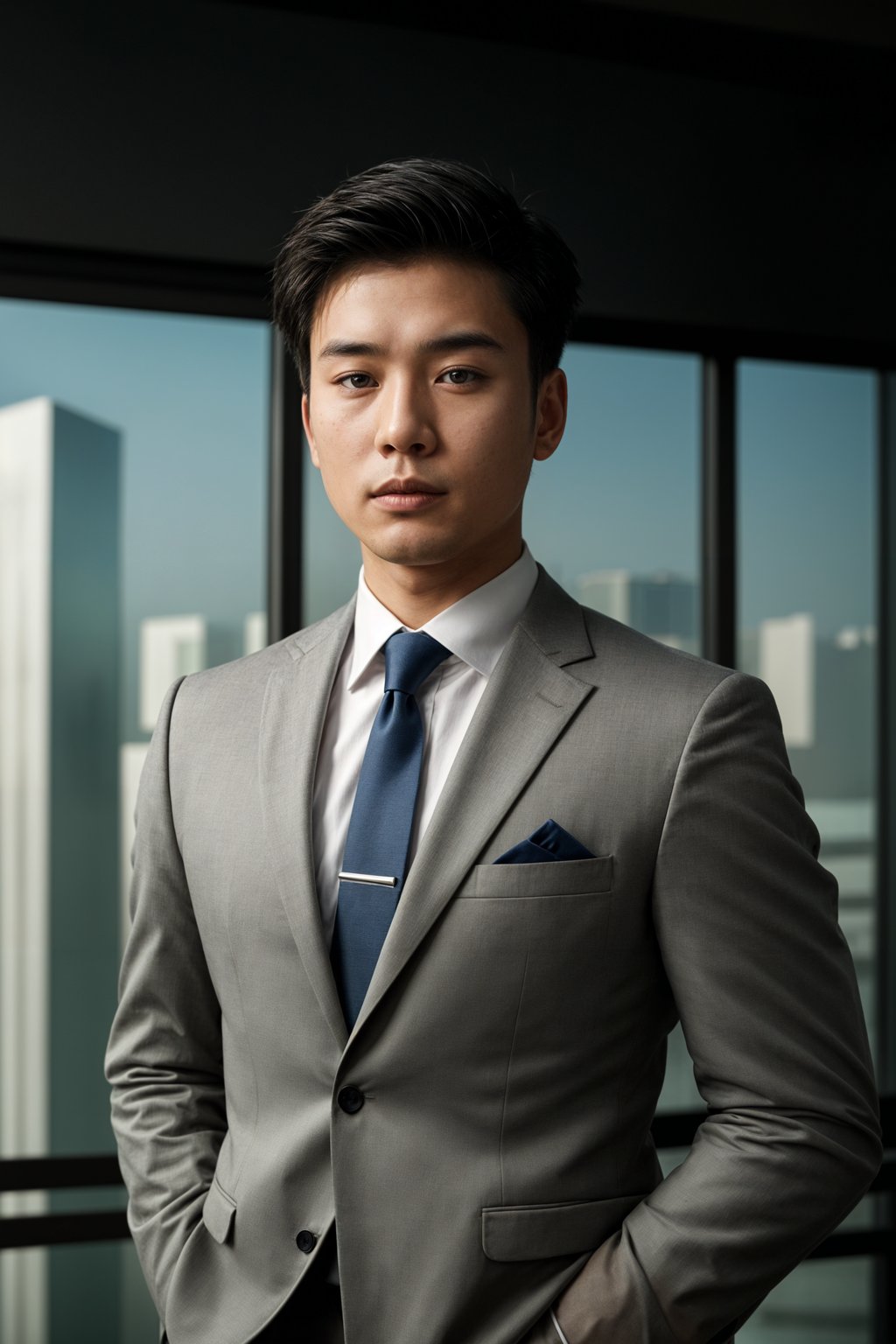 8k professional headshot of man, crisp details, studio backdrop, executive attire, confident posture, neutral expression, high-definition, corporate setting, sharp focus, ambient lighting, business professional, cityscape view