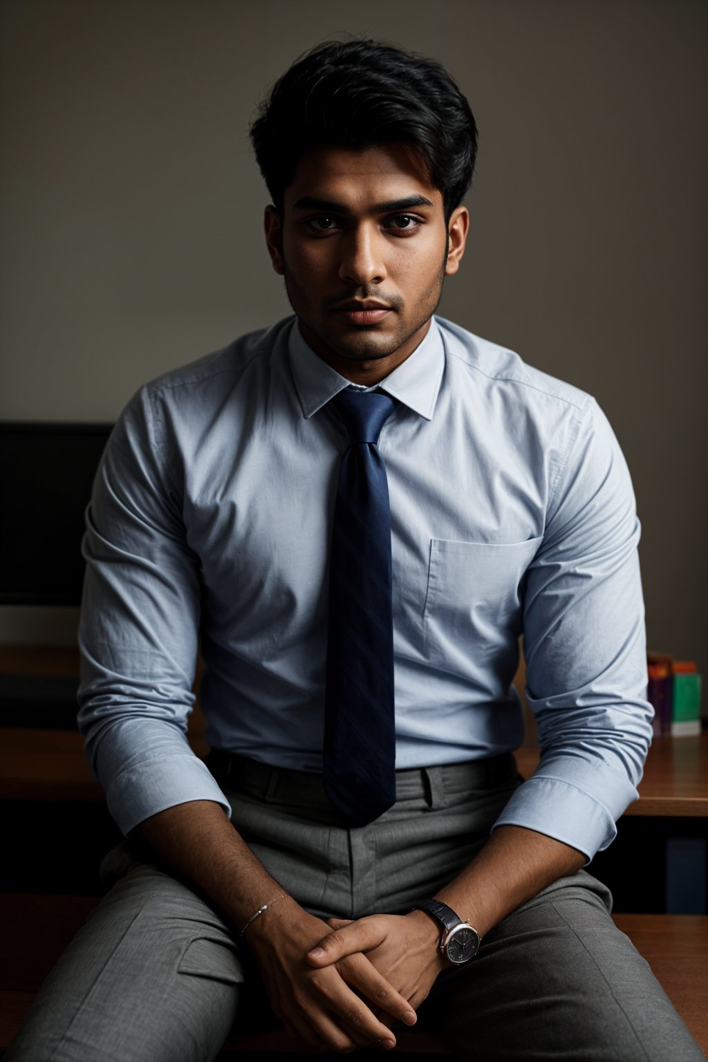 headshot of man, sitting at a desk, at a (office),  shirt and tie and suit pants